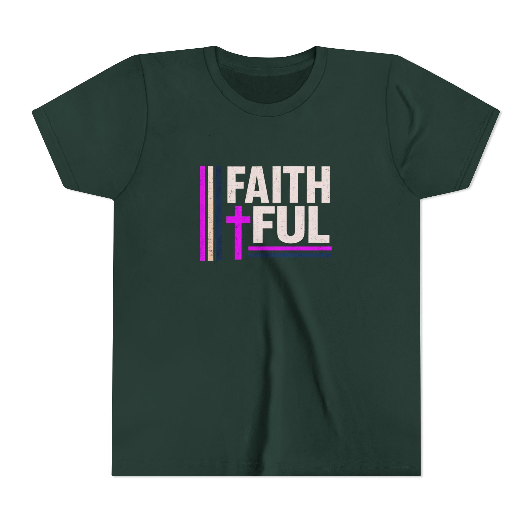 Girls Faithful Youth Tee — Kids Christian Cross T-Shirt (Pink & Black)