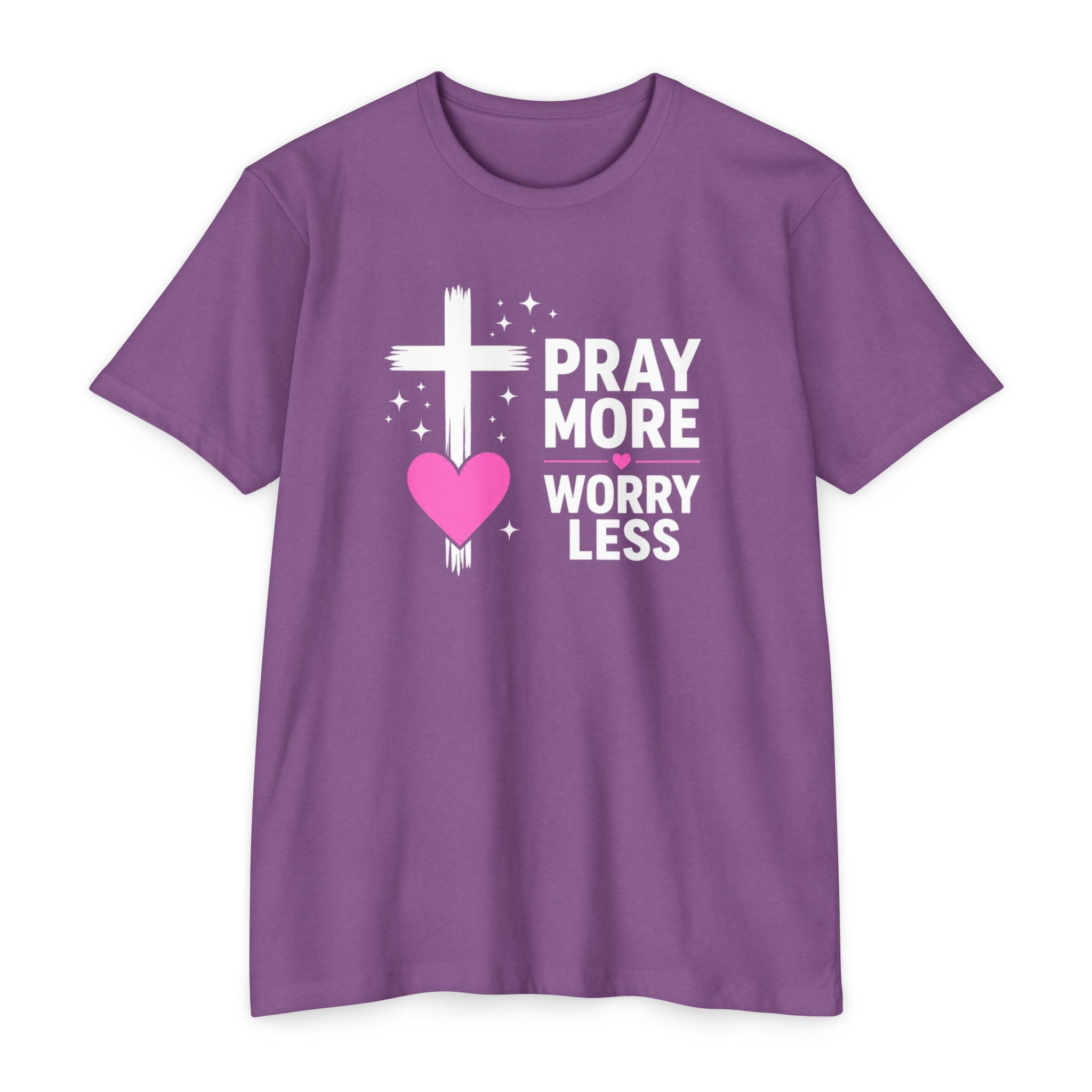 Womens Pray More Worry Less Heart  T-shirt | Faith Christian tee