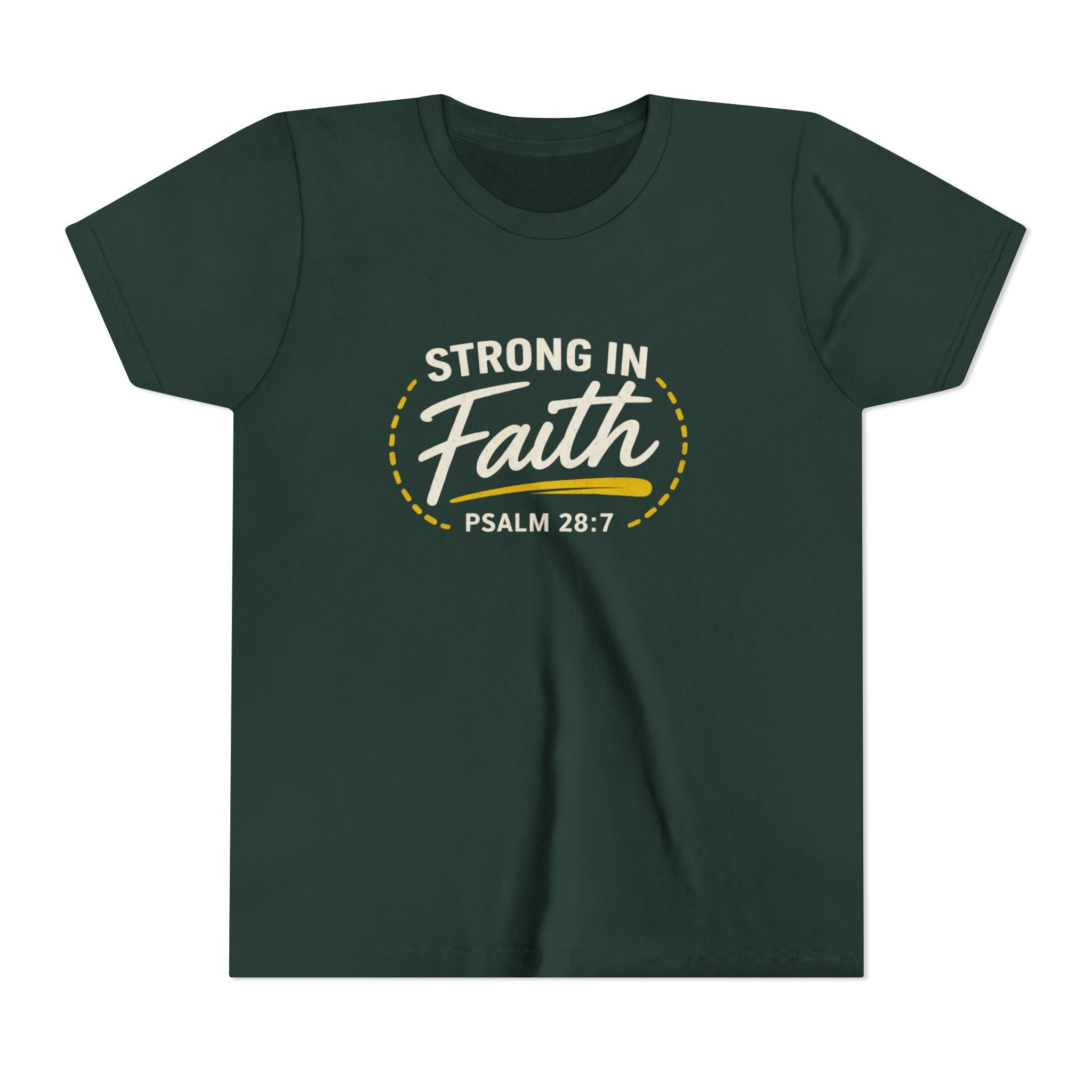 Youth Tee — "Strong in Faith" Psalm 28:7 Christian Kids T‑Shirt