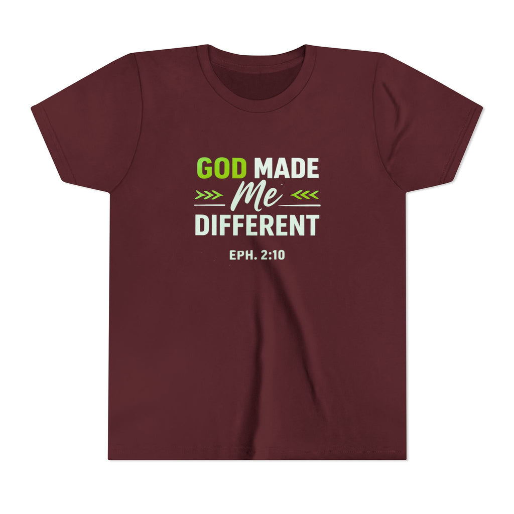 Boys Youth Tee - "God Made Me Different" Christian Faith Kids Shirt (Eph. 2:10)