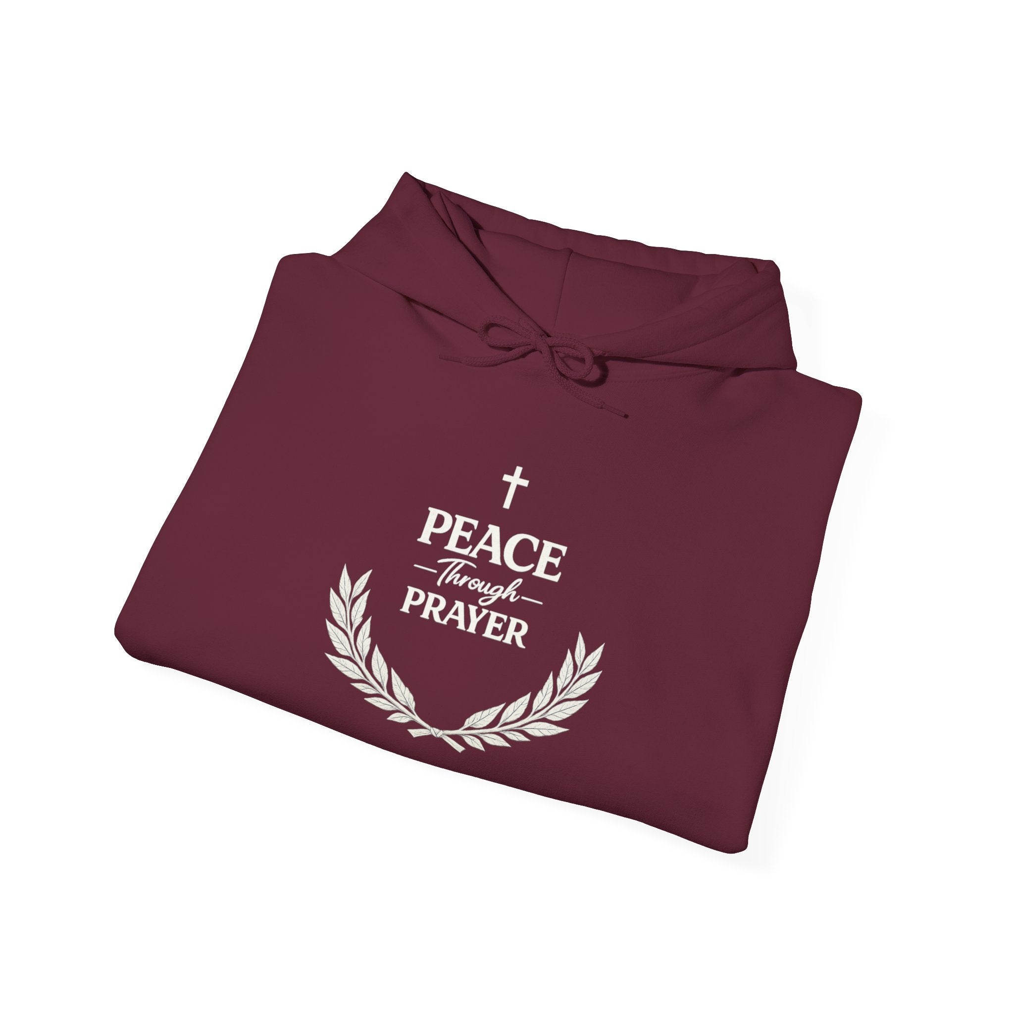Mens Hoodie "Peace Through Prayer" Religious Laurel Cross Hoodie