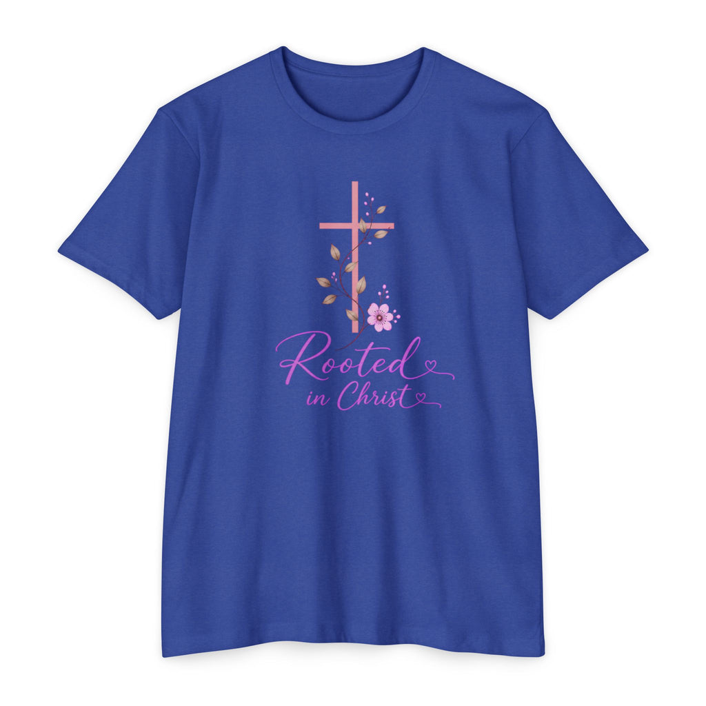 Womens Rooted in Christ Bible and Cross T-shirt | Christian Faith Tee