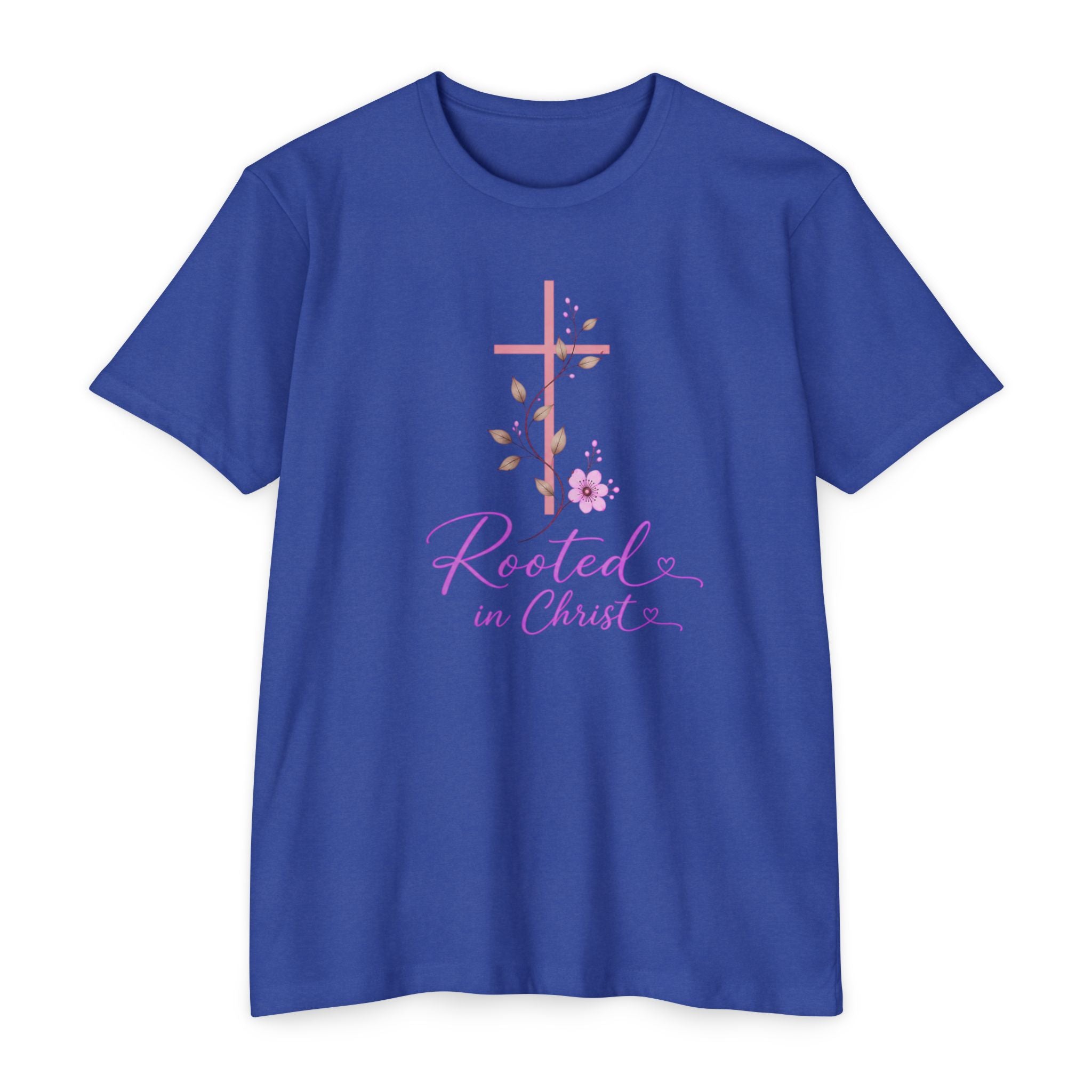 Womens Rooted in Christ Bible and Cross T-shirt | Christian Faith Tee