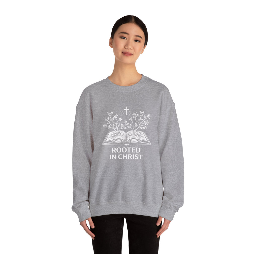Womens Rooted in Christ Sweatshirt — Christian Faith Bible Graphic Crewneck
