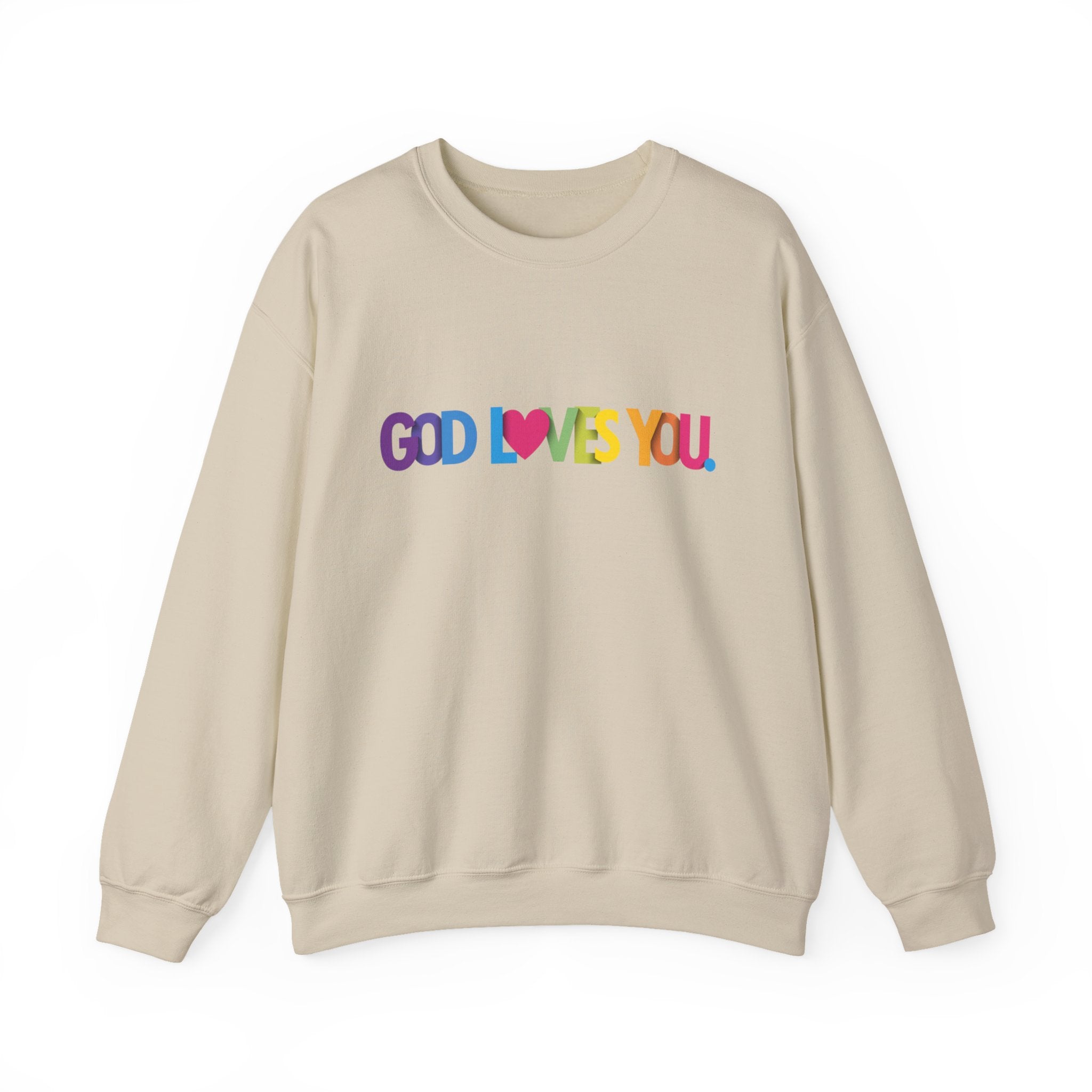 God Loves You Crewneck Sweatshirt — Rainbow Faith Graphic