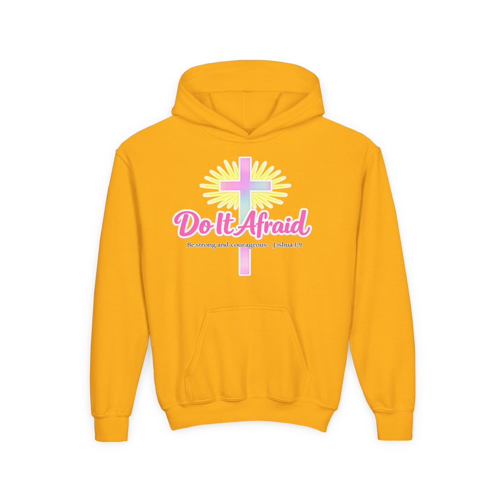 Youth Hoodie — "Do It Afraid" Christian Cross Inspirational Sweatshirt (Joshua 1:9)