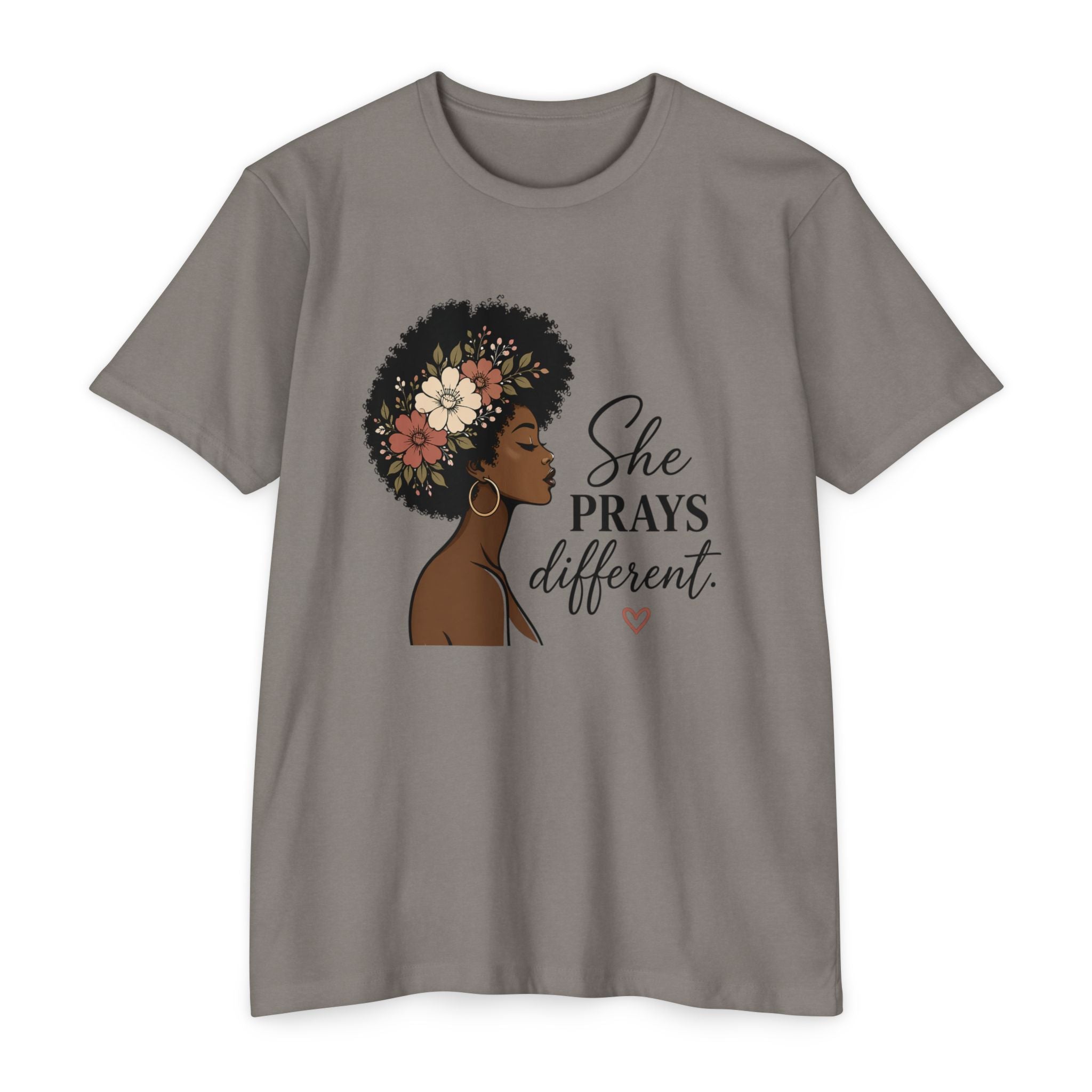 She Prays Different T-Shirt — Floral Afro Woman Inspirational Christian Tee