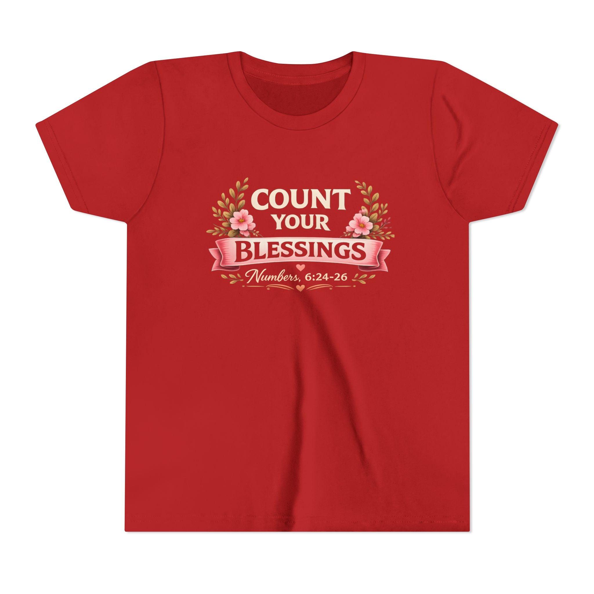 Girls Youth Tee - "Count Your Blessings" Floral Scripture Kids Shirt (Numbers 6:24-26)