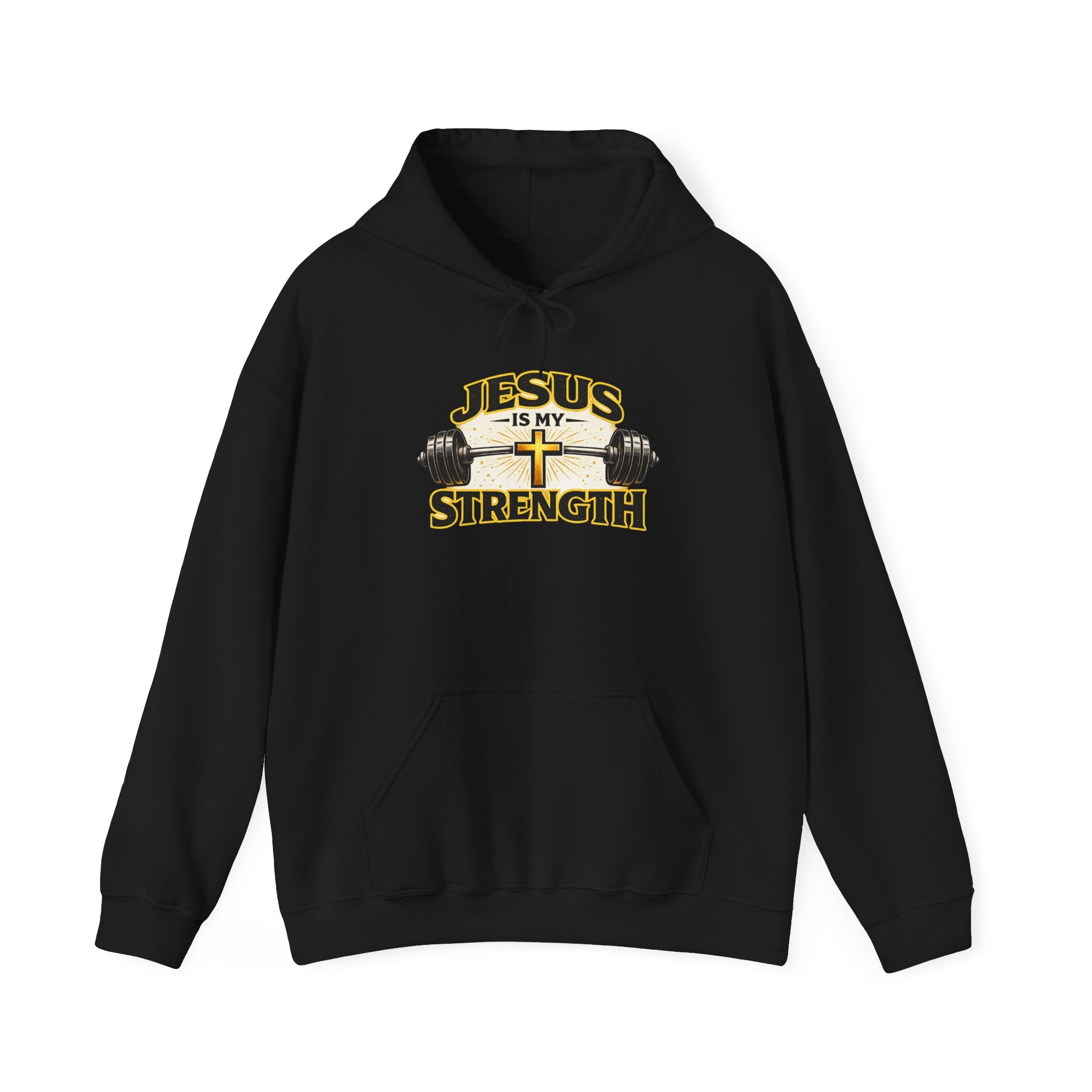 Mens Jesus Is My Strength Hoodie — Christian Faith Cross & Barbell Pullover