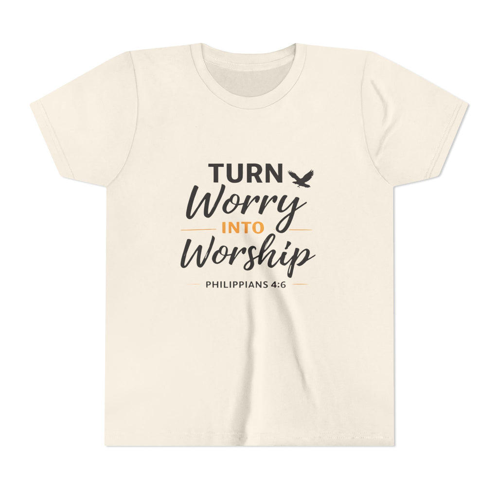 Girls Youth Tee - "Turn Worry Into Worship" Philippians 4:6 Christian Kids Shirt