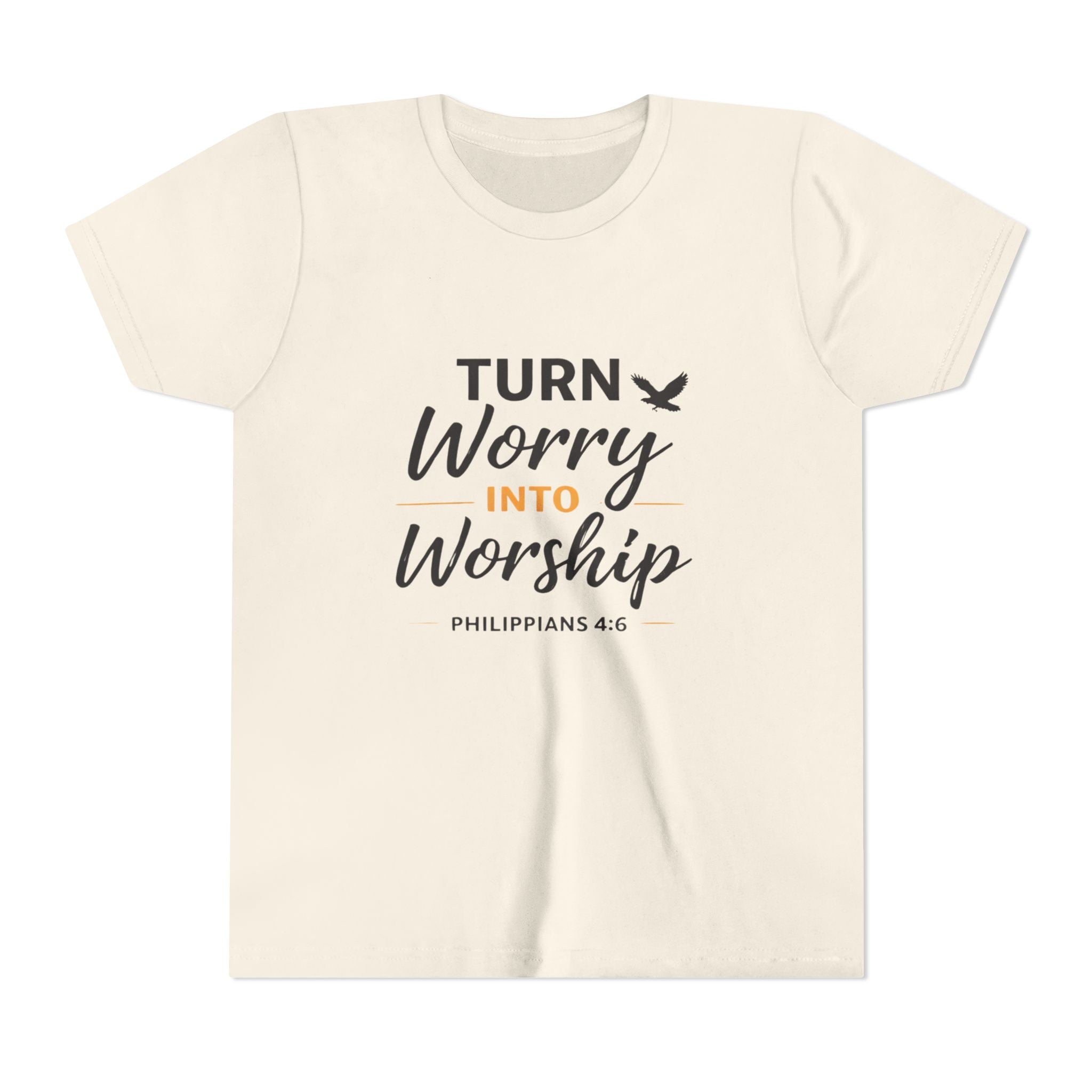Girls Youth Tee - "Turn Worry Into Worship" Philippians 4:6 Christian Kids Shirt