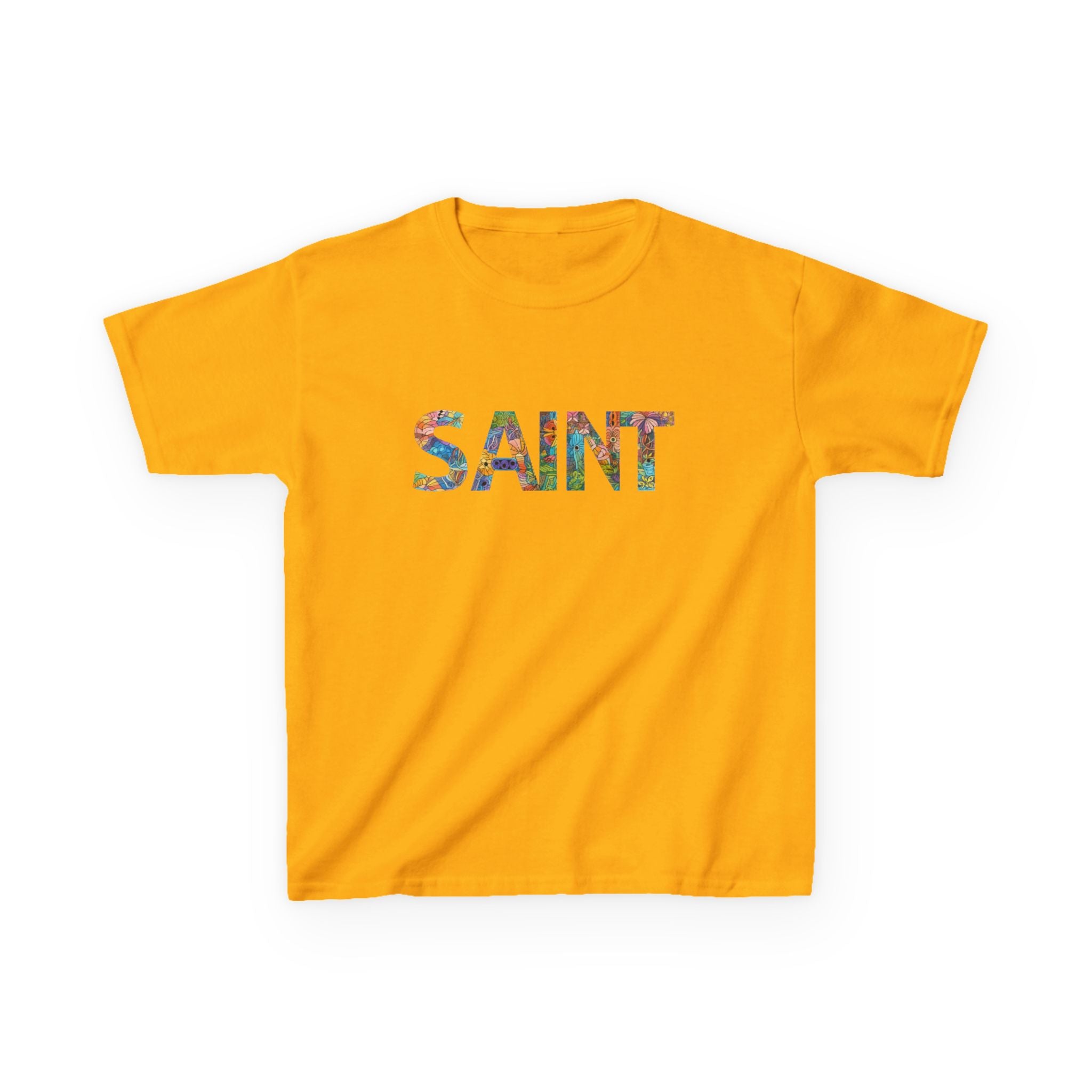 Boys Saint Kids T‑Shirt — Colorful Patterned Lettering Tee for Children