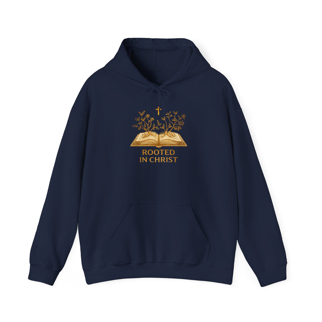 Womens Rooted in Christ Hoodie — Christian Faith Bible Cross Pullover