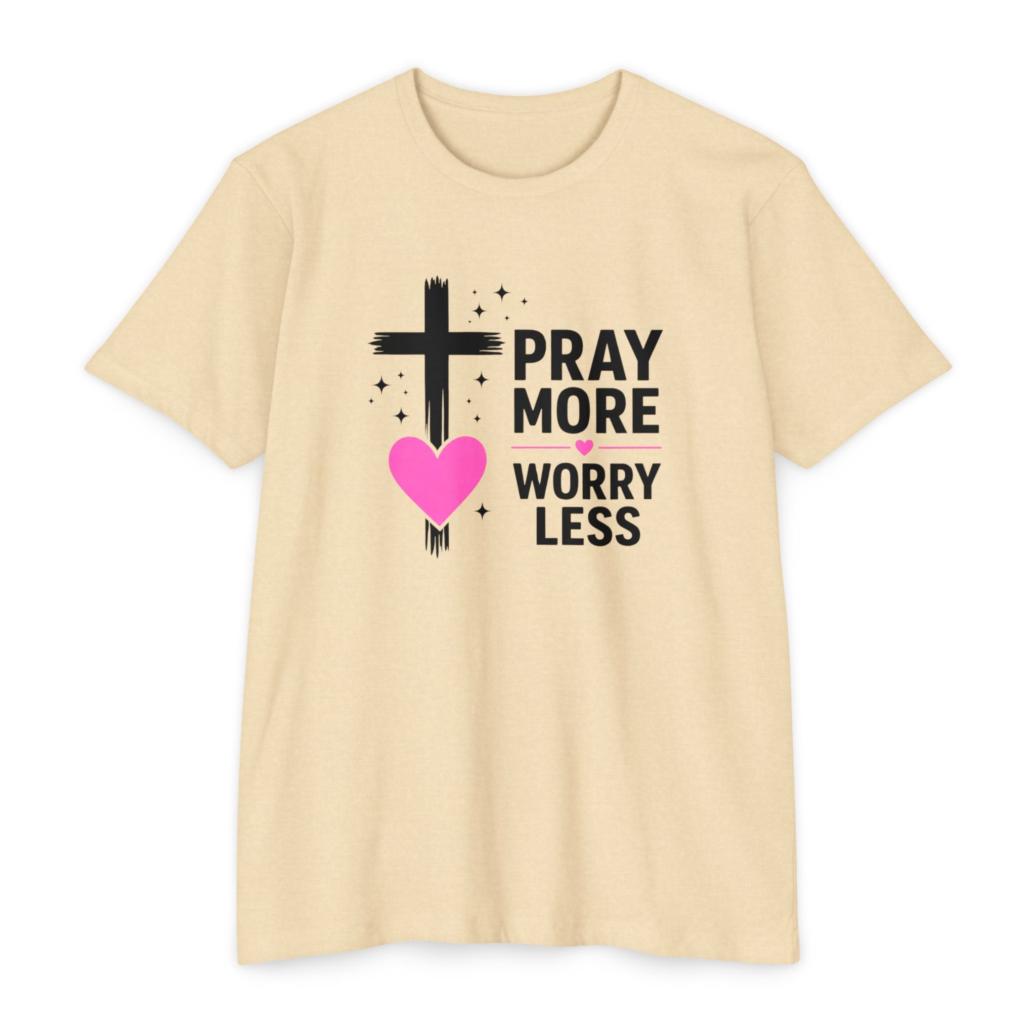 Womens Pray More Worry Less Heart  T-shirt | Faith Christian tee