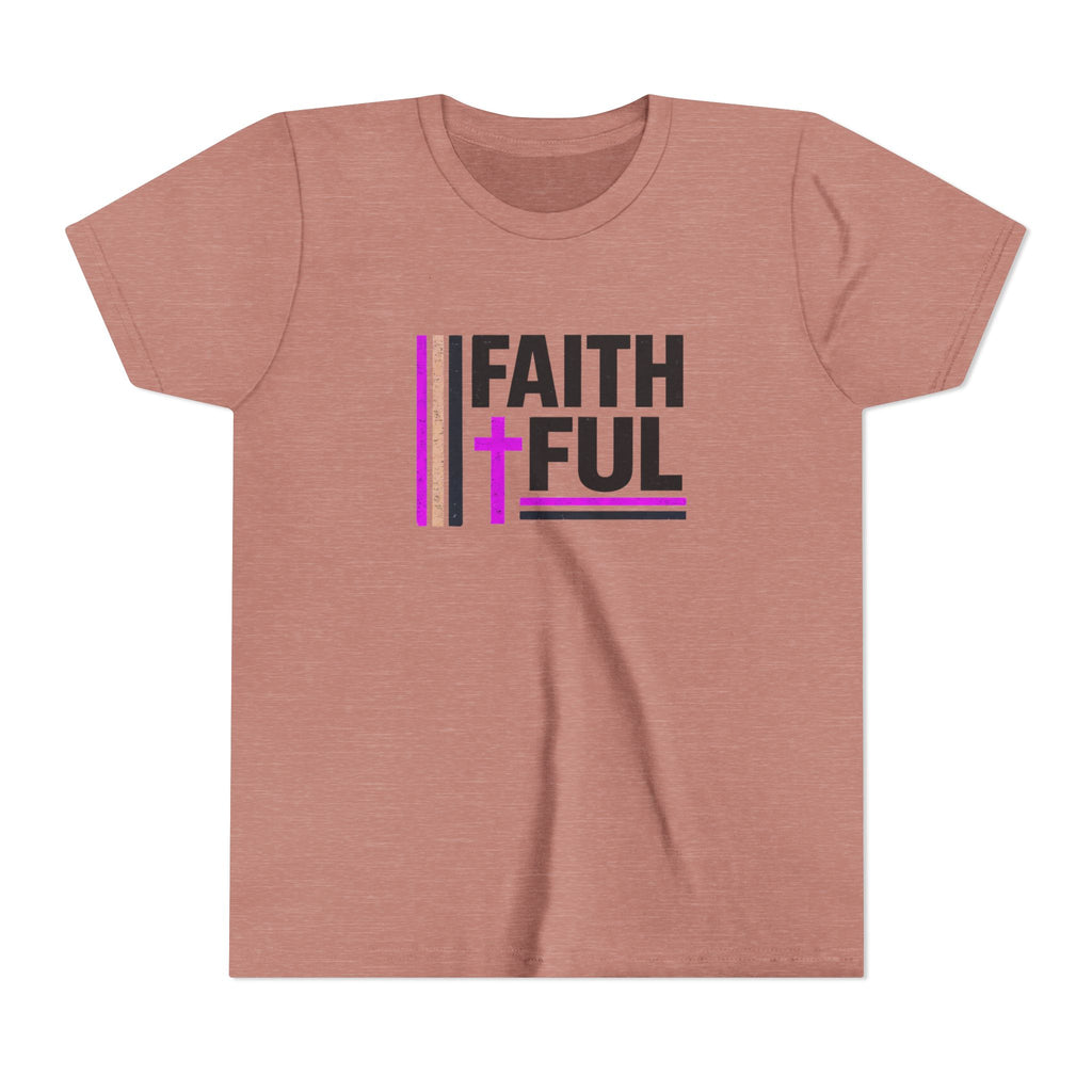 Girls Faithful Youth Tee — Kids Christian Cross T-Shirt (Pink & Black)