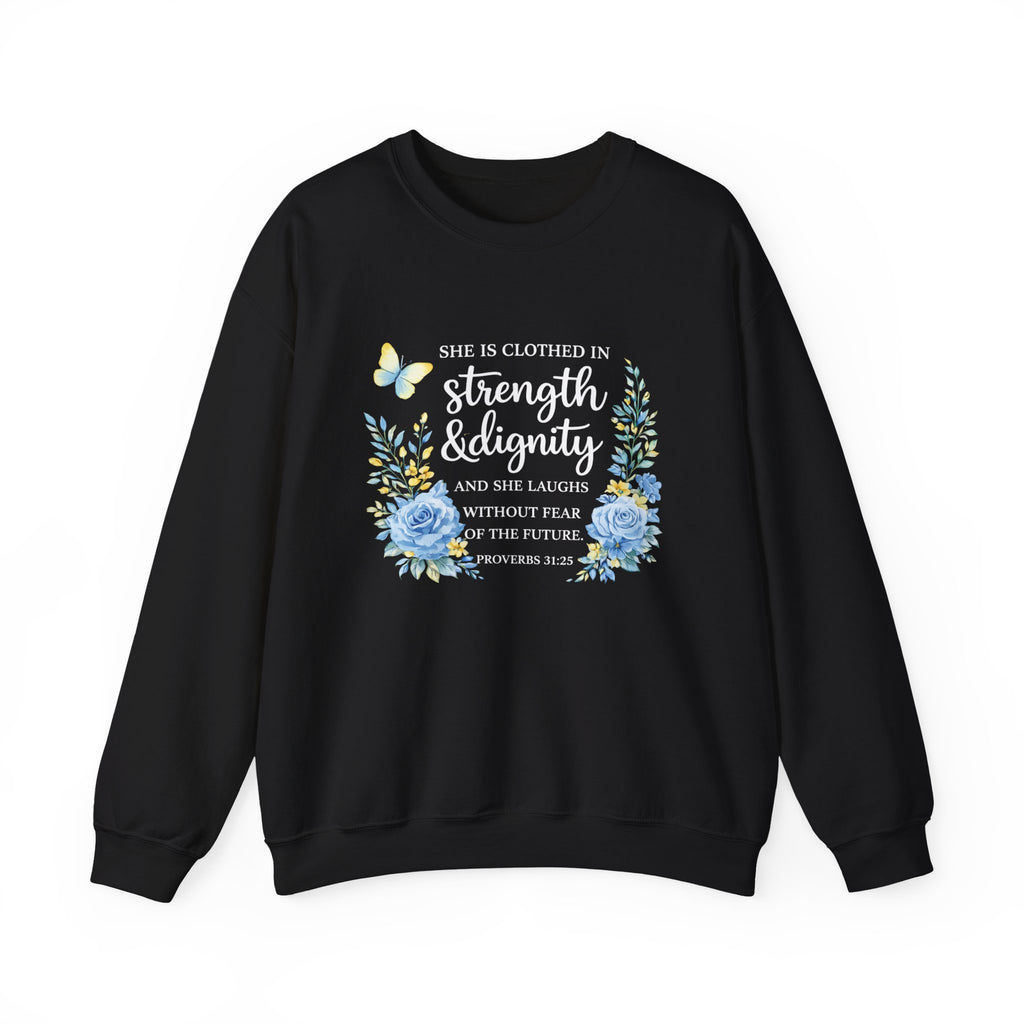 Womens Strength & Dignity Crewneck Sweatshirt — Inspirational Floral Scripture Design