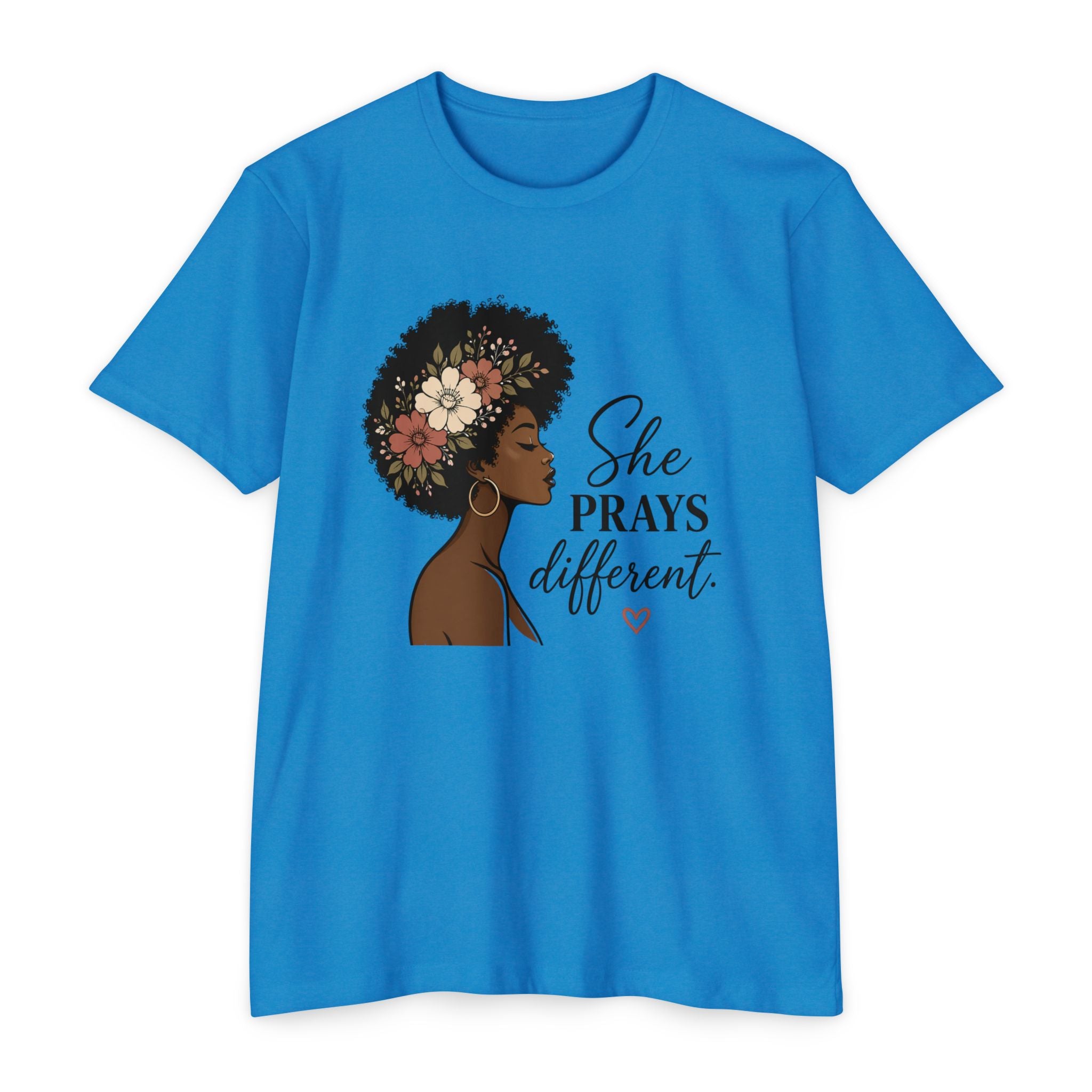 She Prays Different T-Shirt — Floral Afro Woman Inspirational Christian Tee
