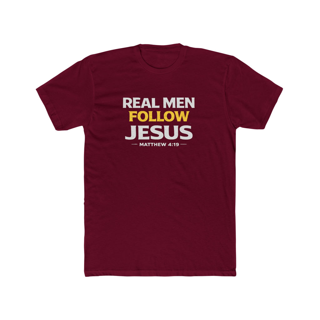 Real Men Follow Jesus Cotton Tee — Matthew 4:19 Christian Faith T-Shirt