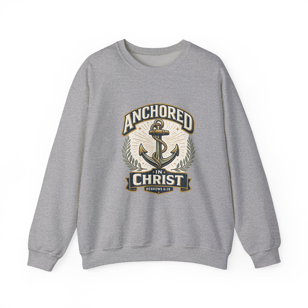 Womens Anchored in Christ Crewneck Sweatshirt — Christian Anchor Faith Pullover
