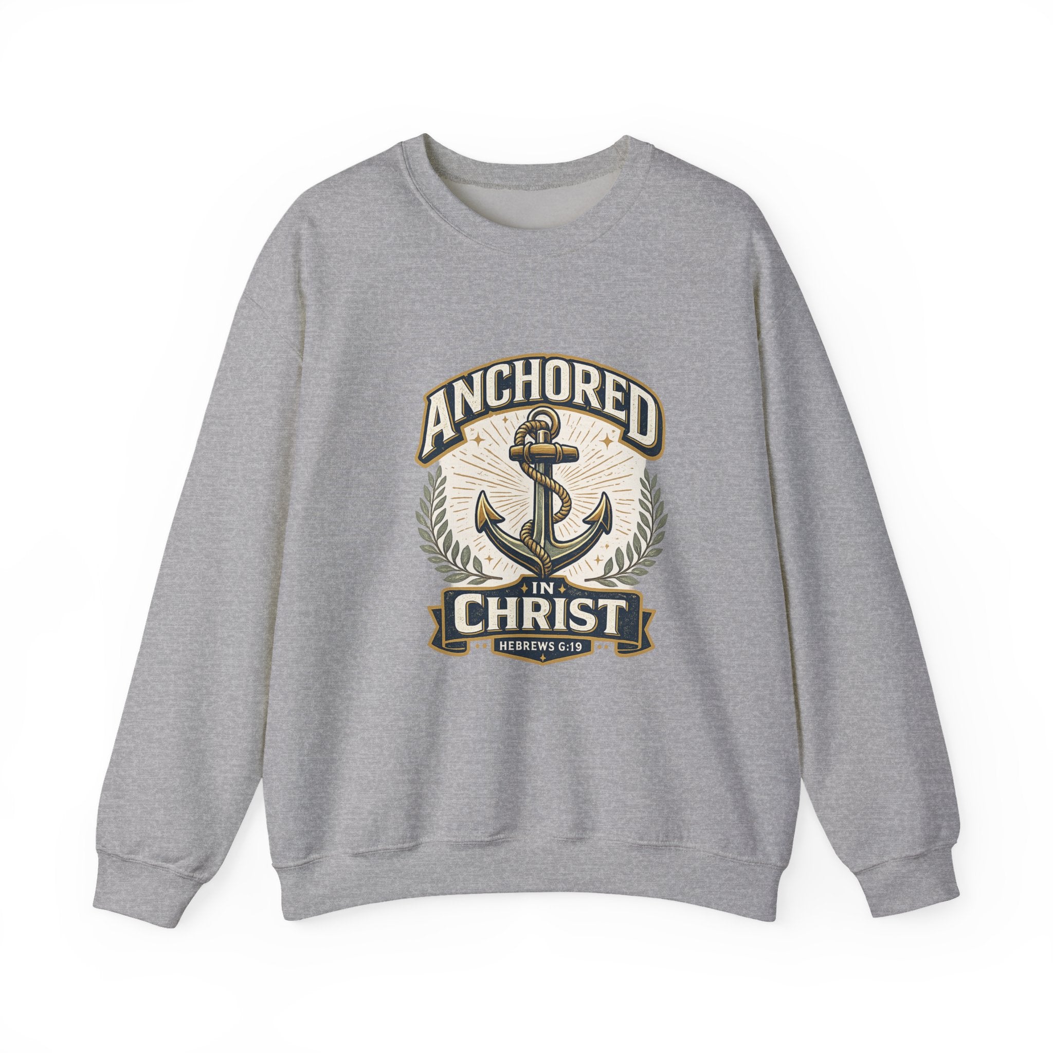 Womens Anchored in Christ Crewneck Sweatshirt — Christian Anchor Faith Pullover