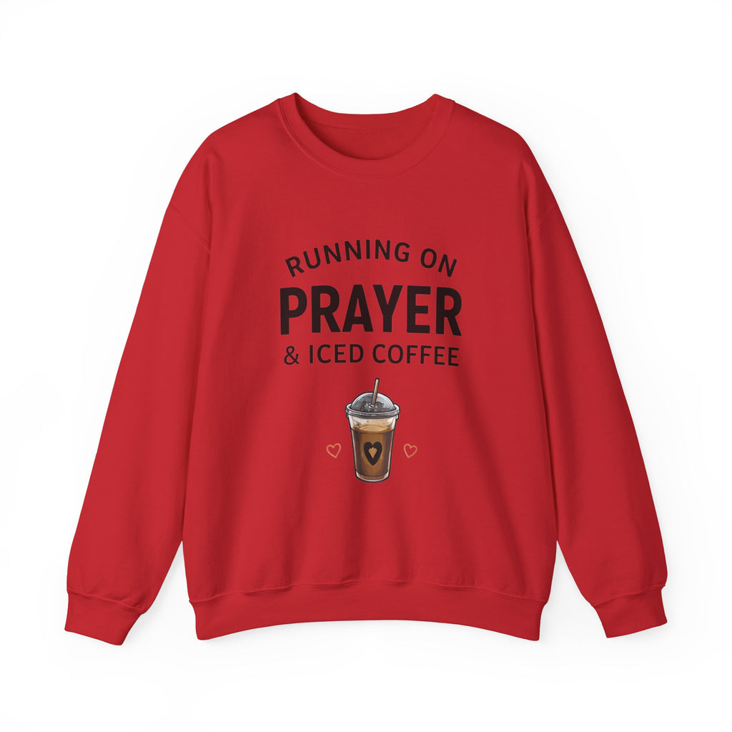 Womens Sweatshirt – "Running on Prayer & Iced Coffee" Crewneck