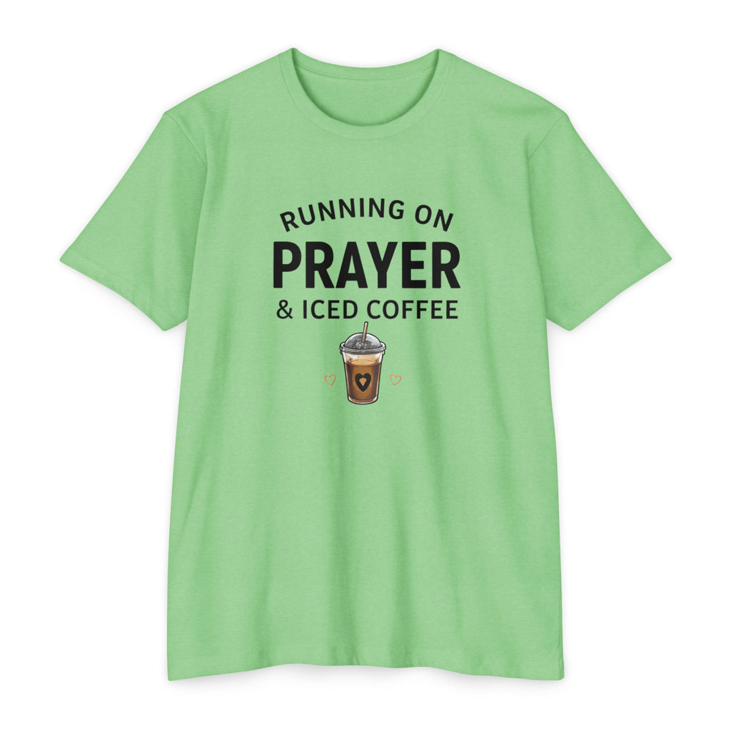 Prayer & Iced Coffee T-Shirt — "Running on Prayer & Iced Coffee" Christian Coffee Tee