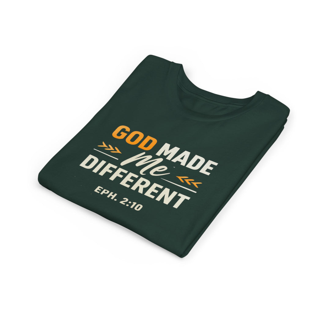 Girls Youth Tee – "God Made Me Different" Christian Kids T‑Shirt (Eph. 2:10)