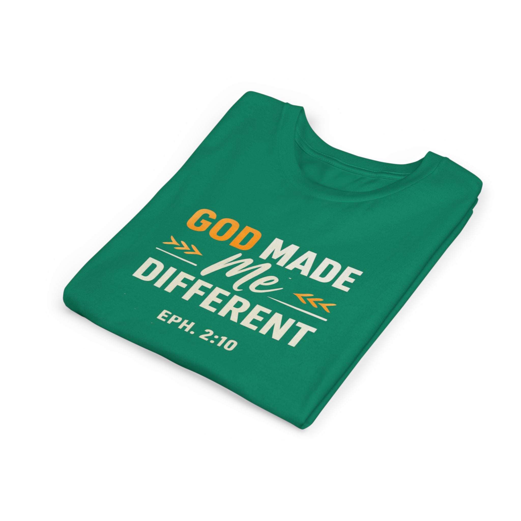 Girls Youth Tee – "God Made Me Different" Christian Kids T‑Shirt (Eph. 2:10)