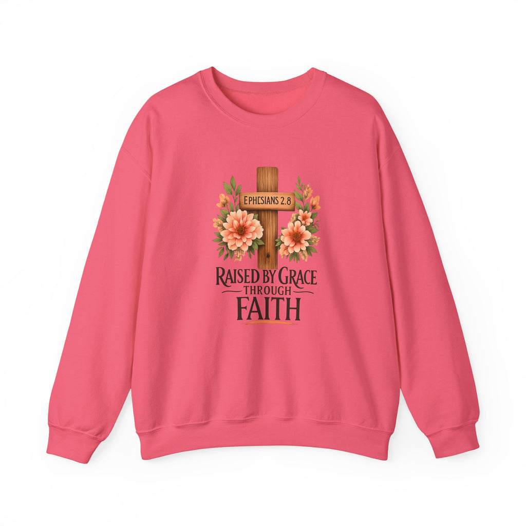 Faith Crewneck Sweatshirt — "Raised by Grace Through Faith" Floral Cross
