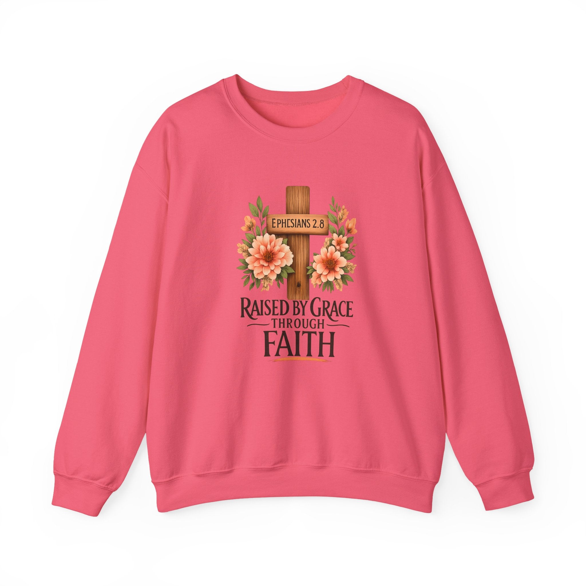 Faith Crewneck Sweatshirt — "Raised by Grace Through Faith" Floral Cross