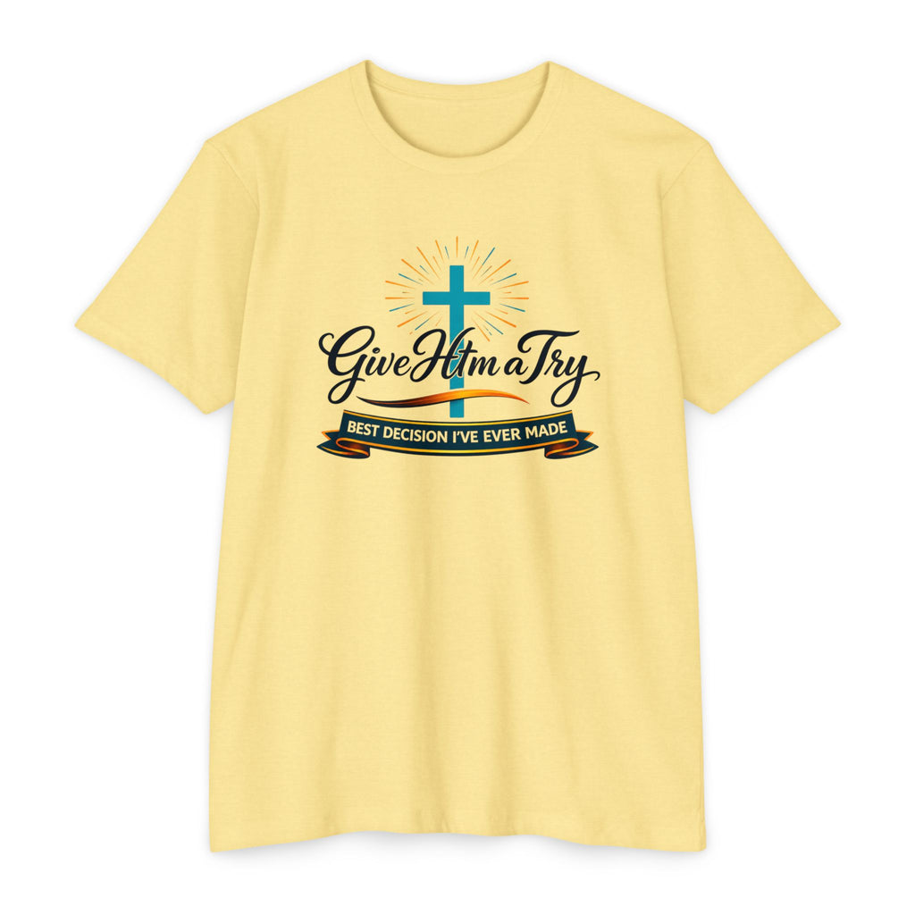 Womens Give Him a Try cross design T-Shirt | Christian faith shirt