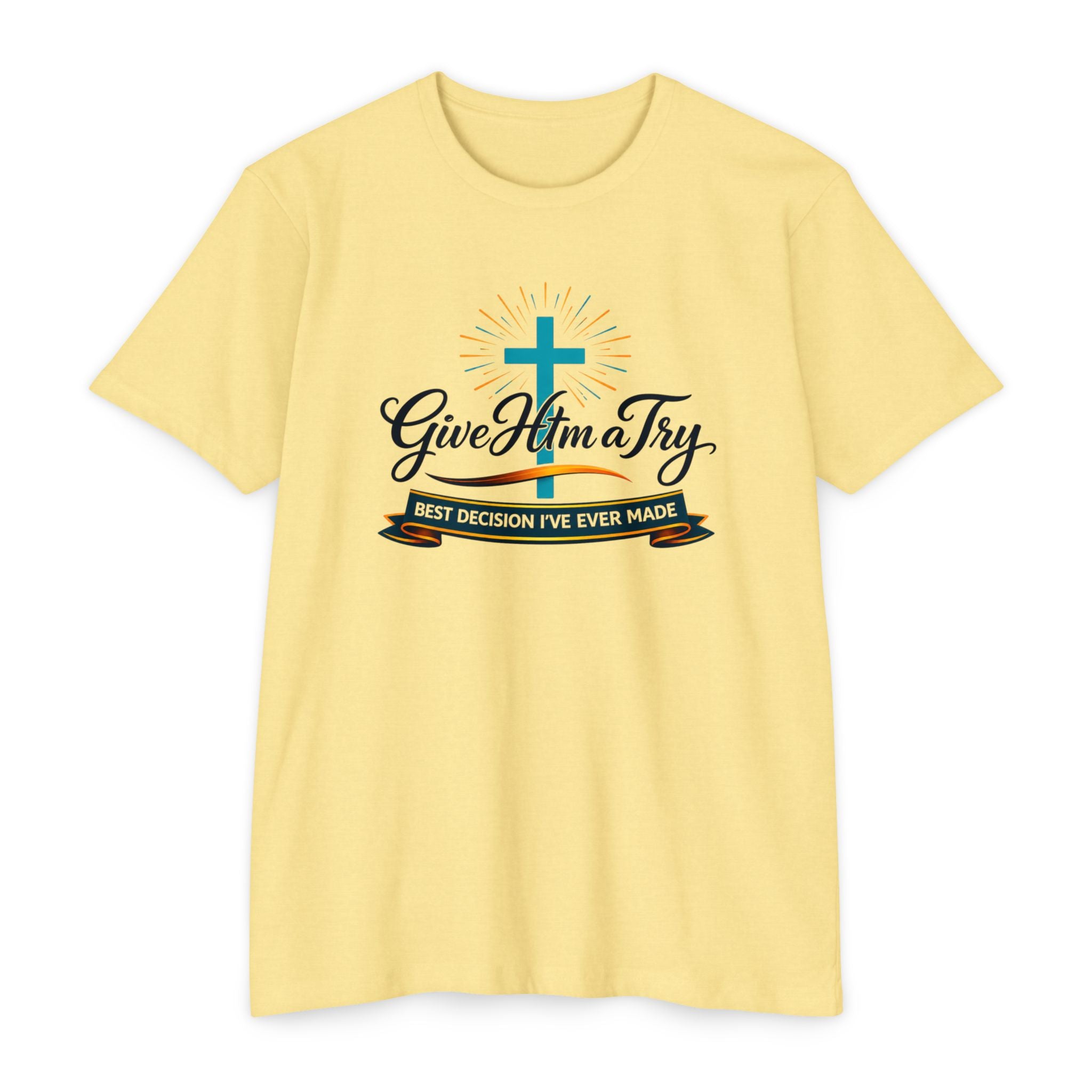 Womens Give Him a Try cross design T-Shirt | Christian faith shirt