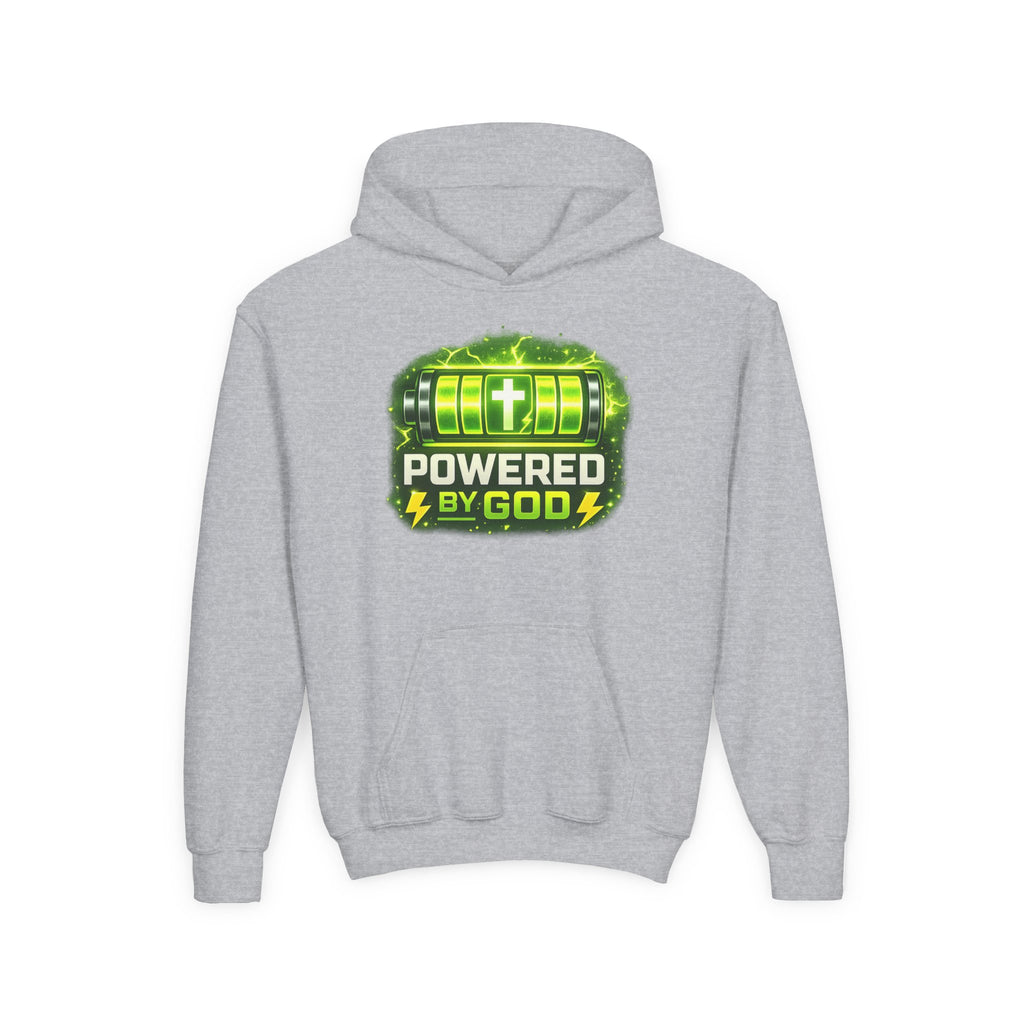 Youth Hoodie — "Powered by God" Green Battery Christian Sweatshirt