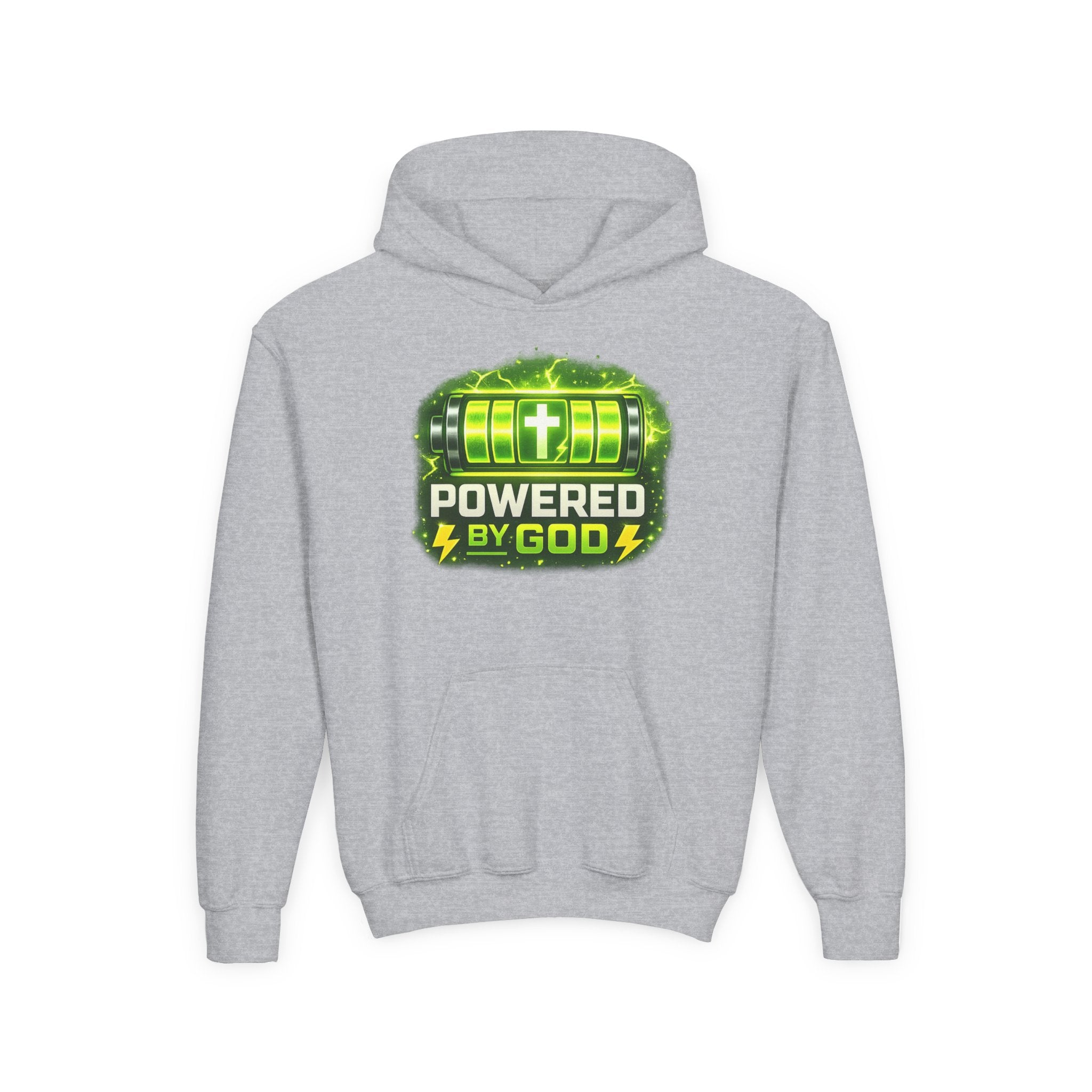 Youth Hoodie — "Powered by God" Green Battery Christian Sweatshirt