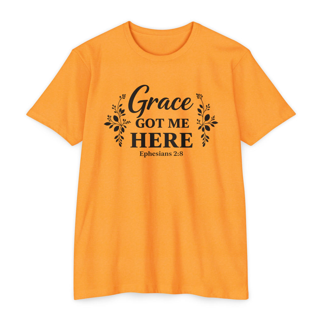 Womens Grace Got Me Here Christian T-Shirt — Ephesians 2:8