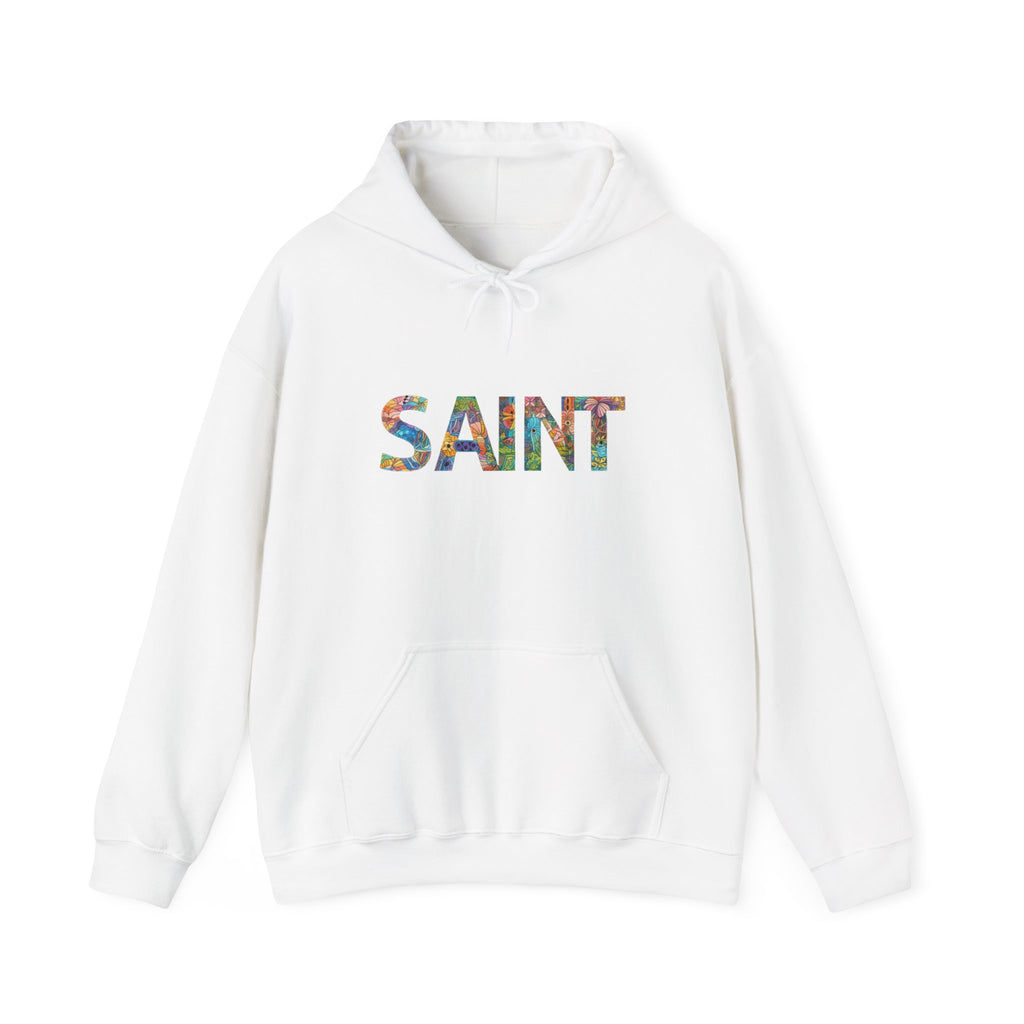 Mens Saint Floral Hoodie  Colorful Botanical Lettering Pullover