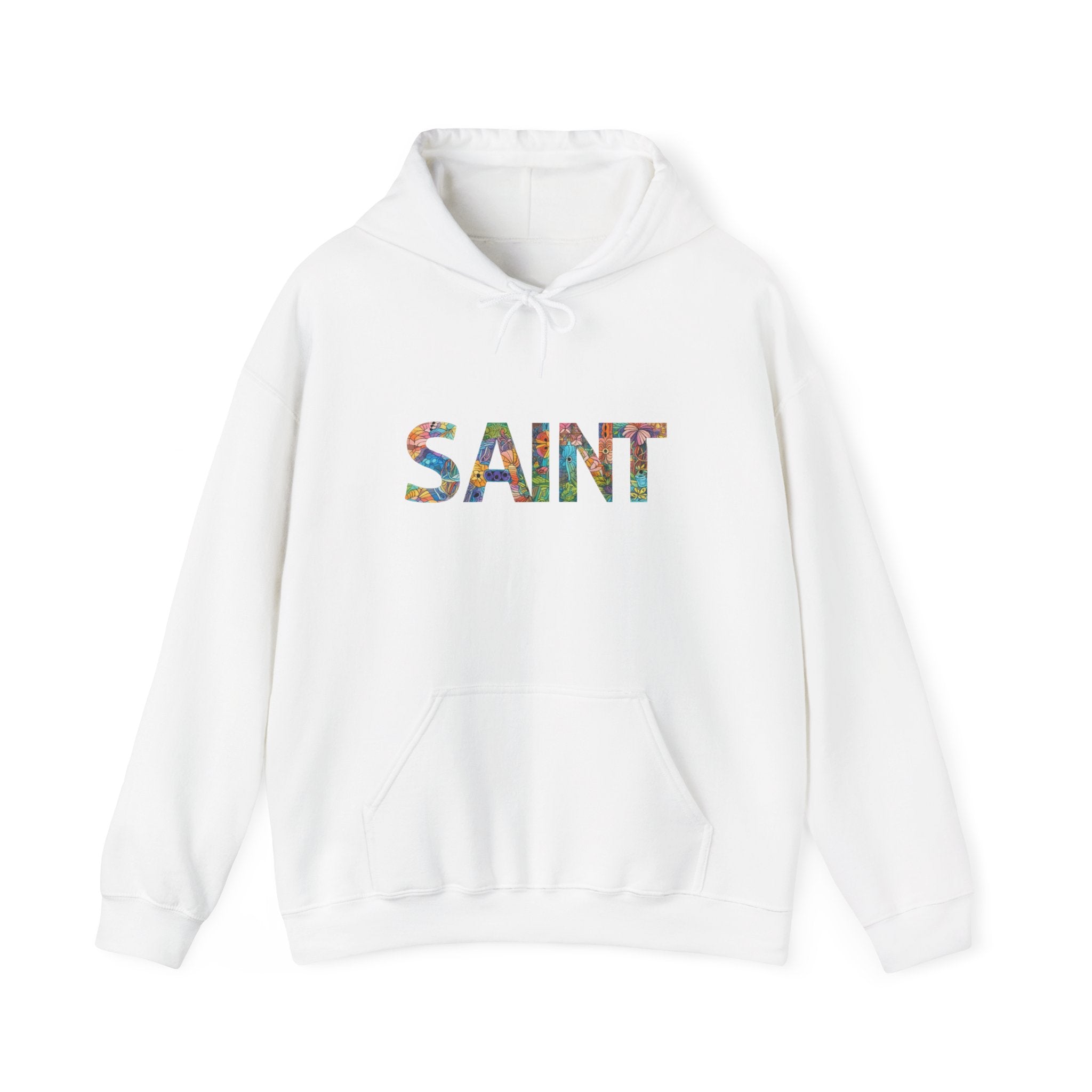 Mens Saint Floral Hoodie  Colorful Botanical Lettering Pullover