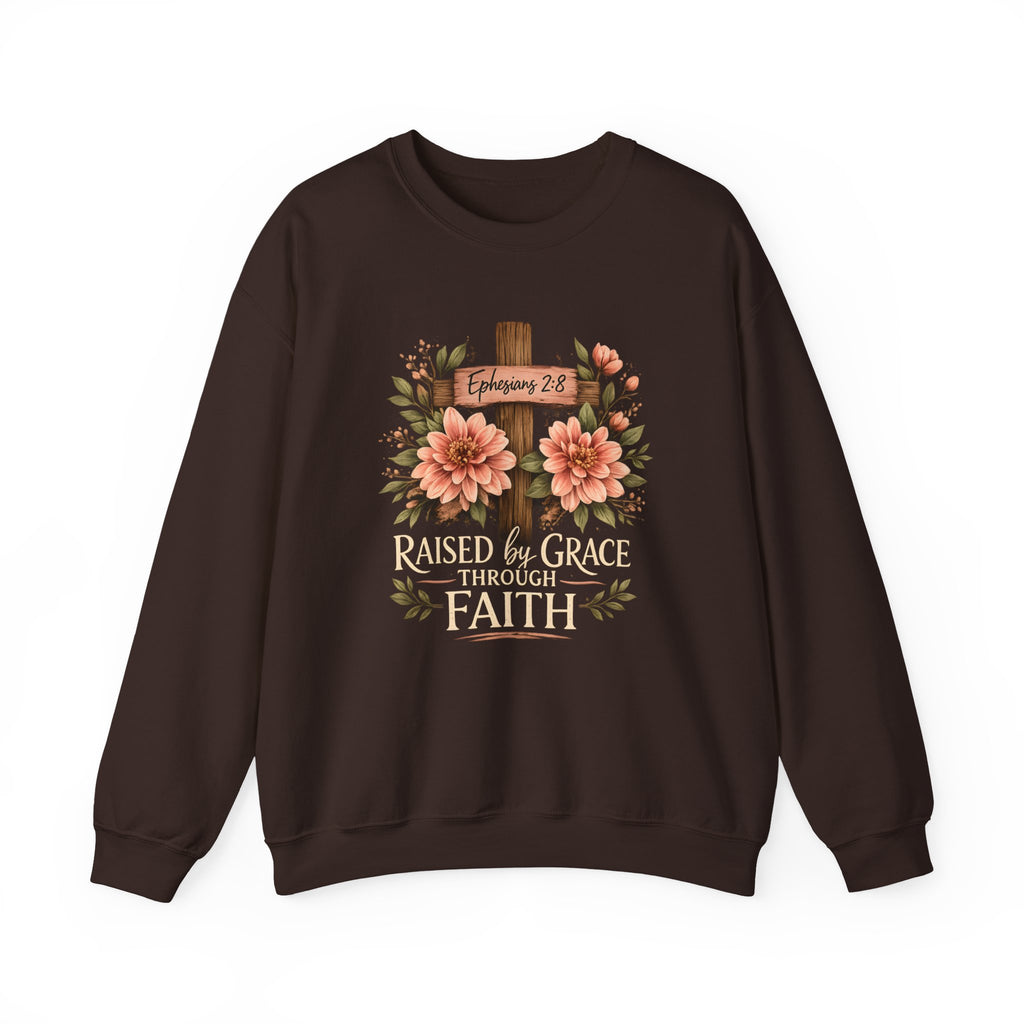 Faith Crewneck Sweatshirt — "Raised by Grace Through Faith" Floral Cross