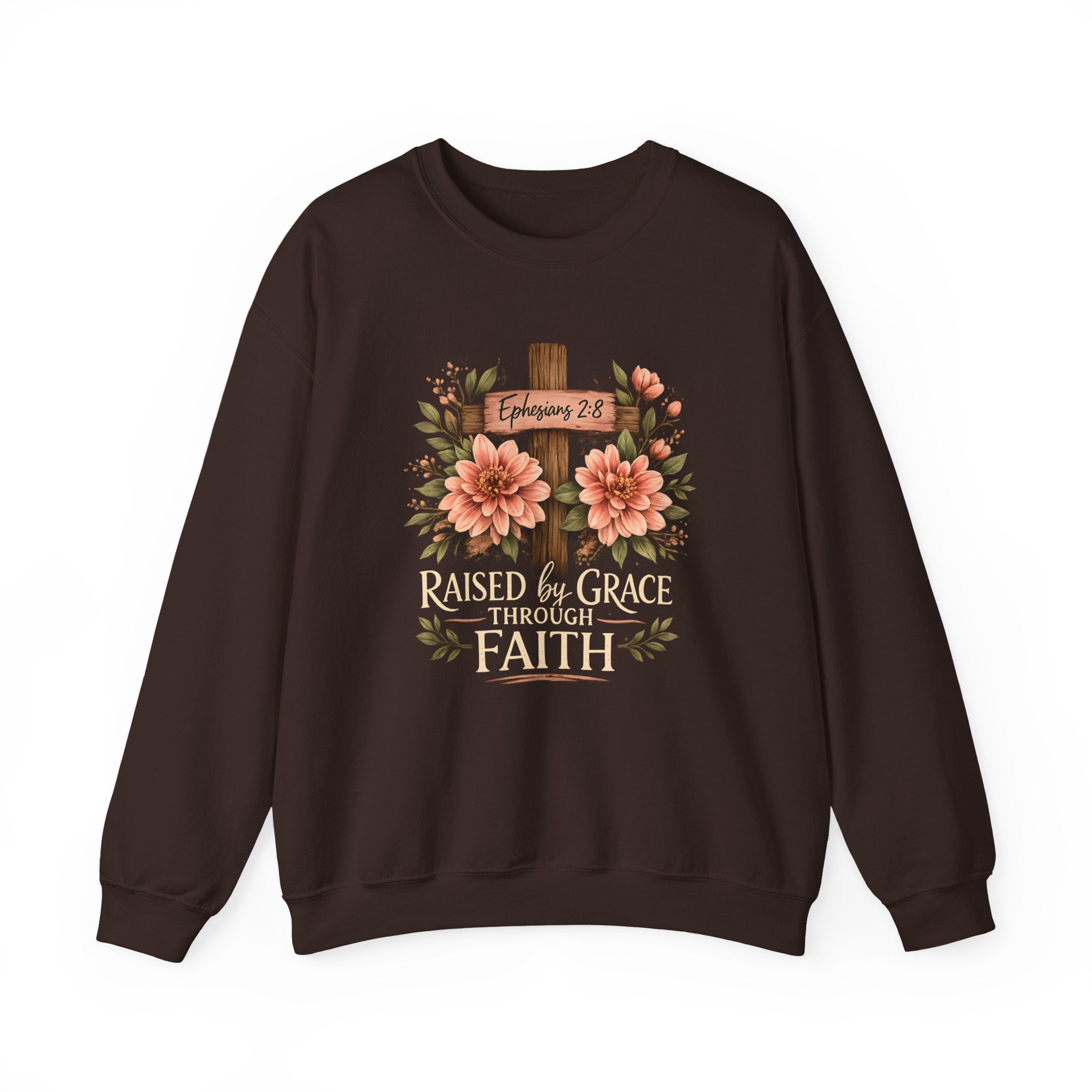 Faith Crewneck Sweatshirt — "Raised by Grace Through Faith" Floral Cross