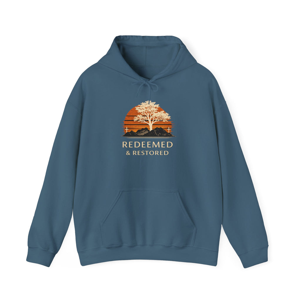 Redeemed & Restored Hoodie – Sunset Tree Faith Graphic Hooded Sweatshirt