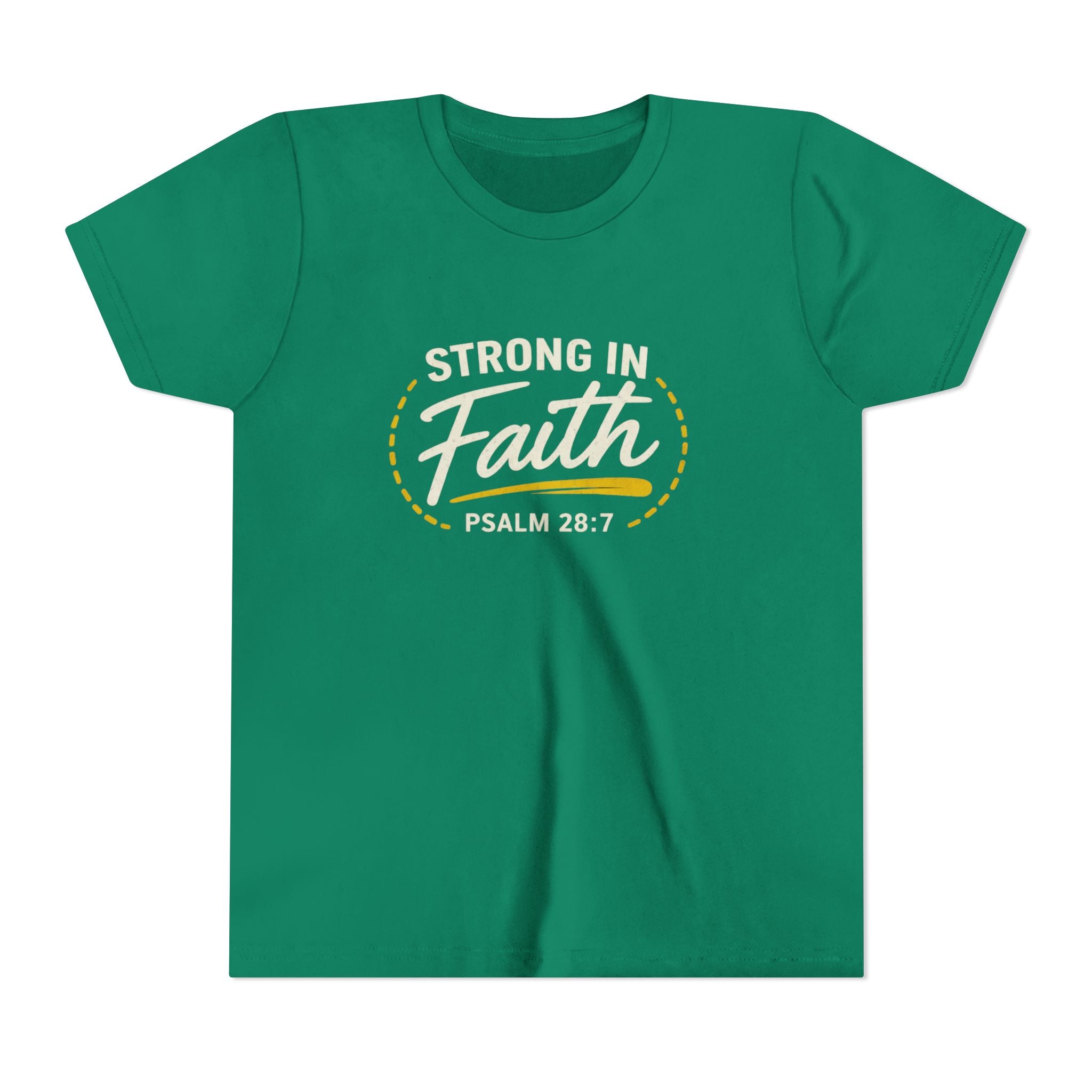 Youth Tee — "Strong in Faith" Psalm 28:7 Christian Kids T‑Shirt