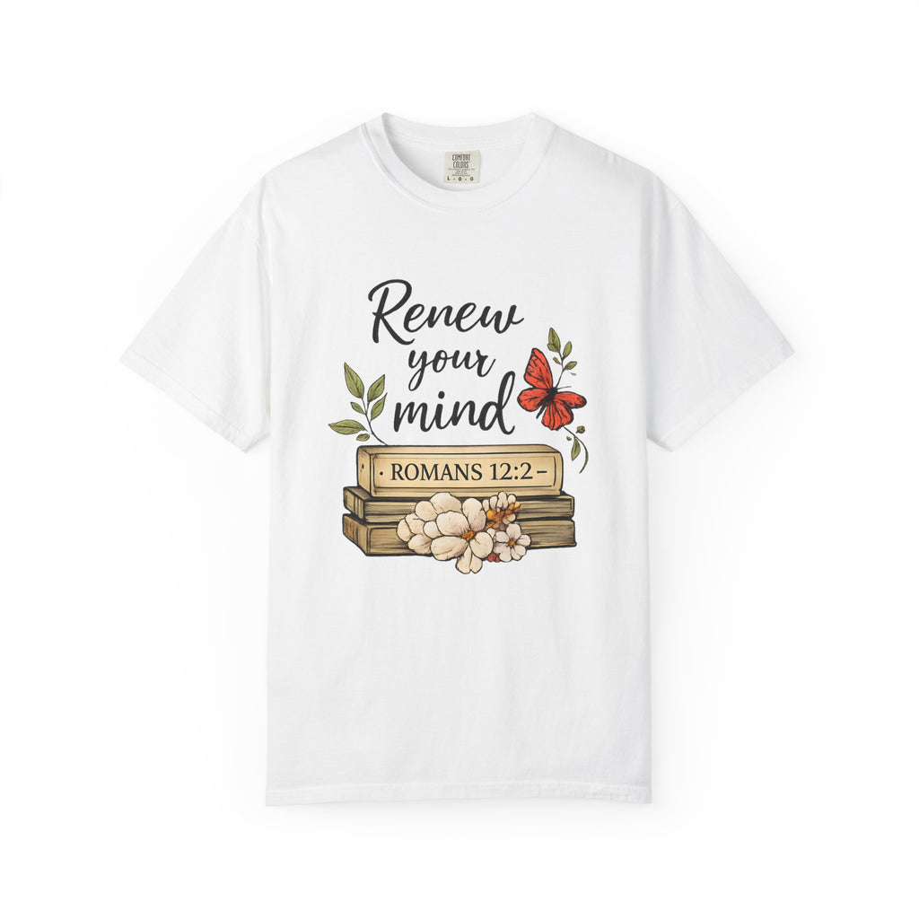 Renew Your Mind T-Shirt – Romans 12:2 Floral Butterfly Christian Tee