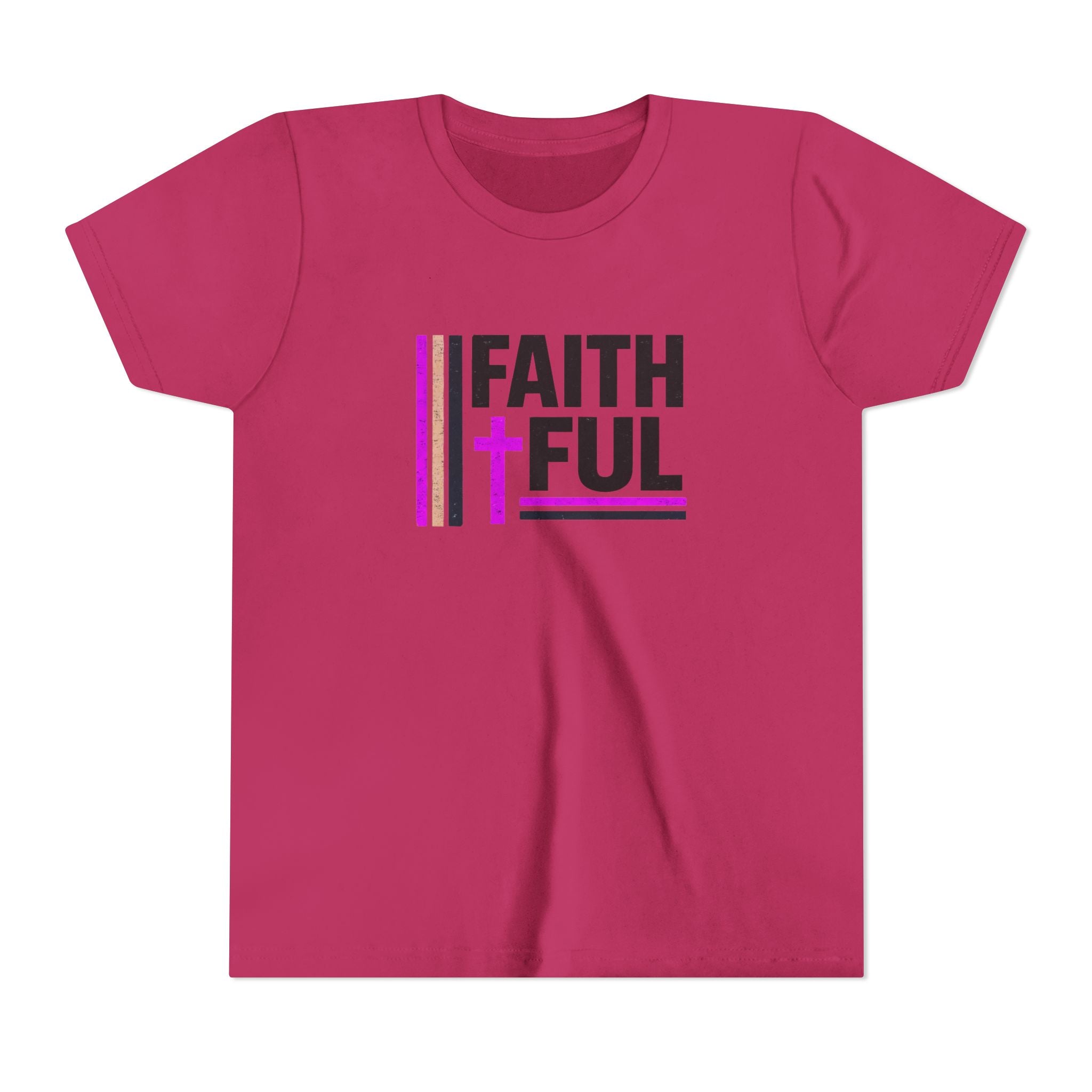Girls Faithful Youth Tee — Kids Christian Cross T-Shirt (Pink & Black)