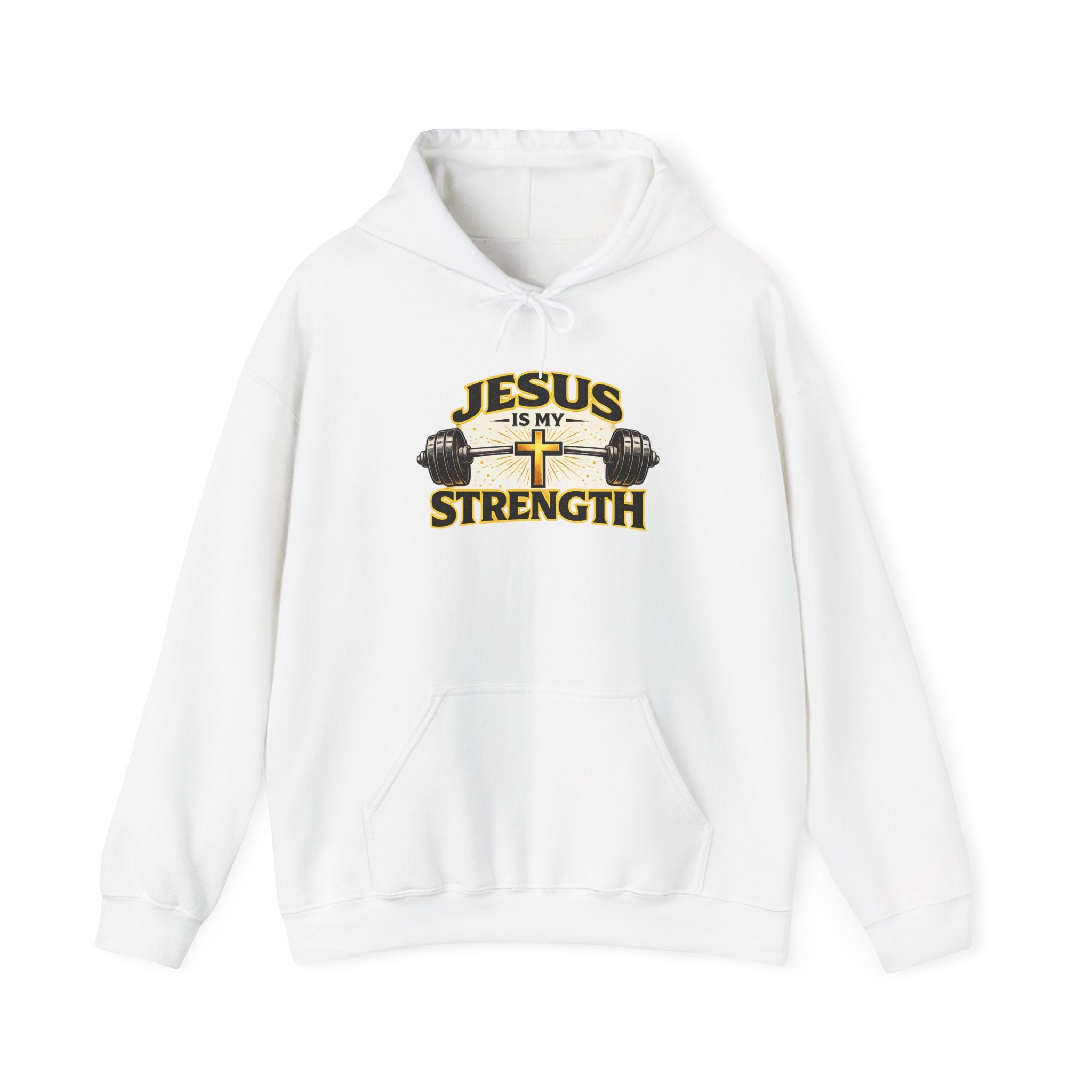 Mens Jesus Is My Strength Hoodie — Christian Faith Cross & Barbell Pullover