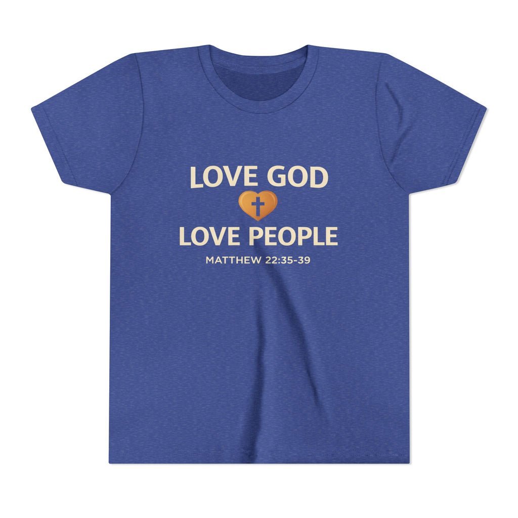 Boys Youth Tee — "Love God Love People" Bible Verse Matthew 22:37-39 Christian Kids Shirt