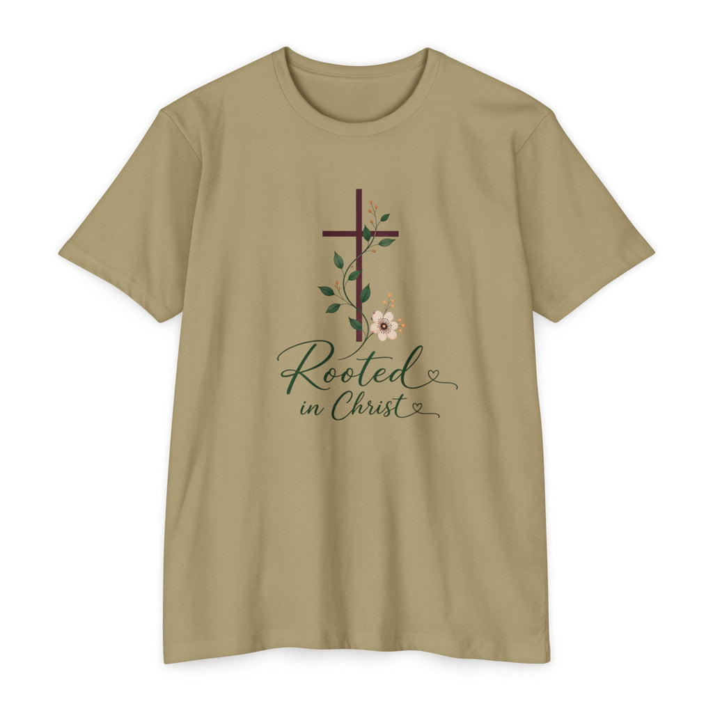 Womens Rooted in Christ Bible and Cross T-shirt | Christian Faith Tee