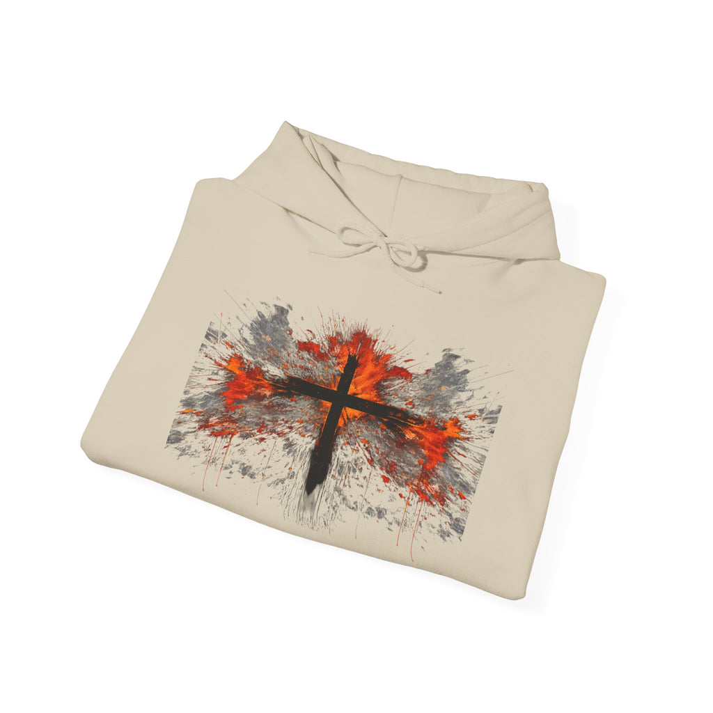 Mens Christian Cross Hoodie — Grunge Red & Black Faith Pullover