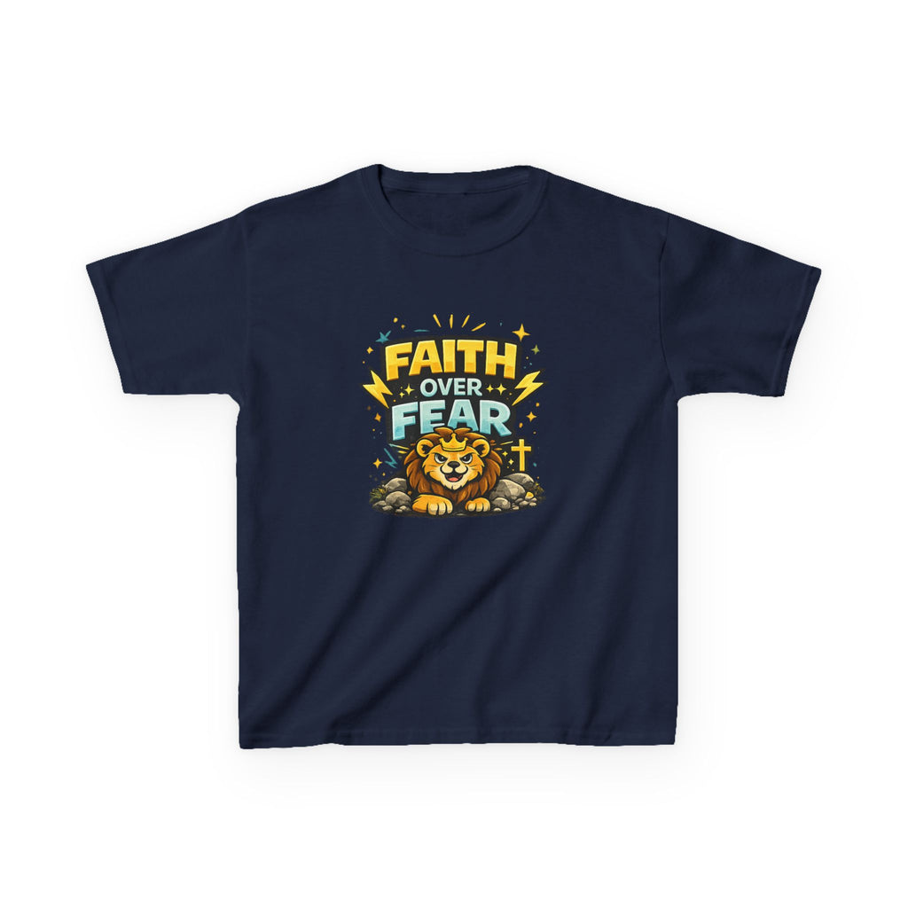 Kids Tee — "Faith Over Fear" Lion Graphic Christian Shirt