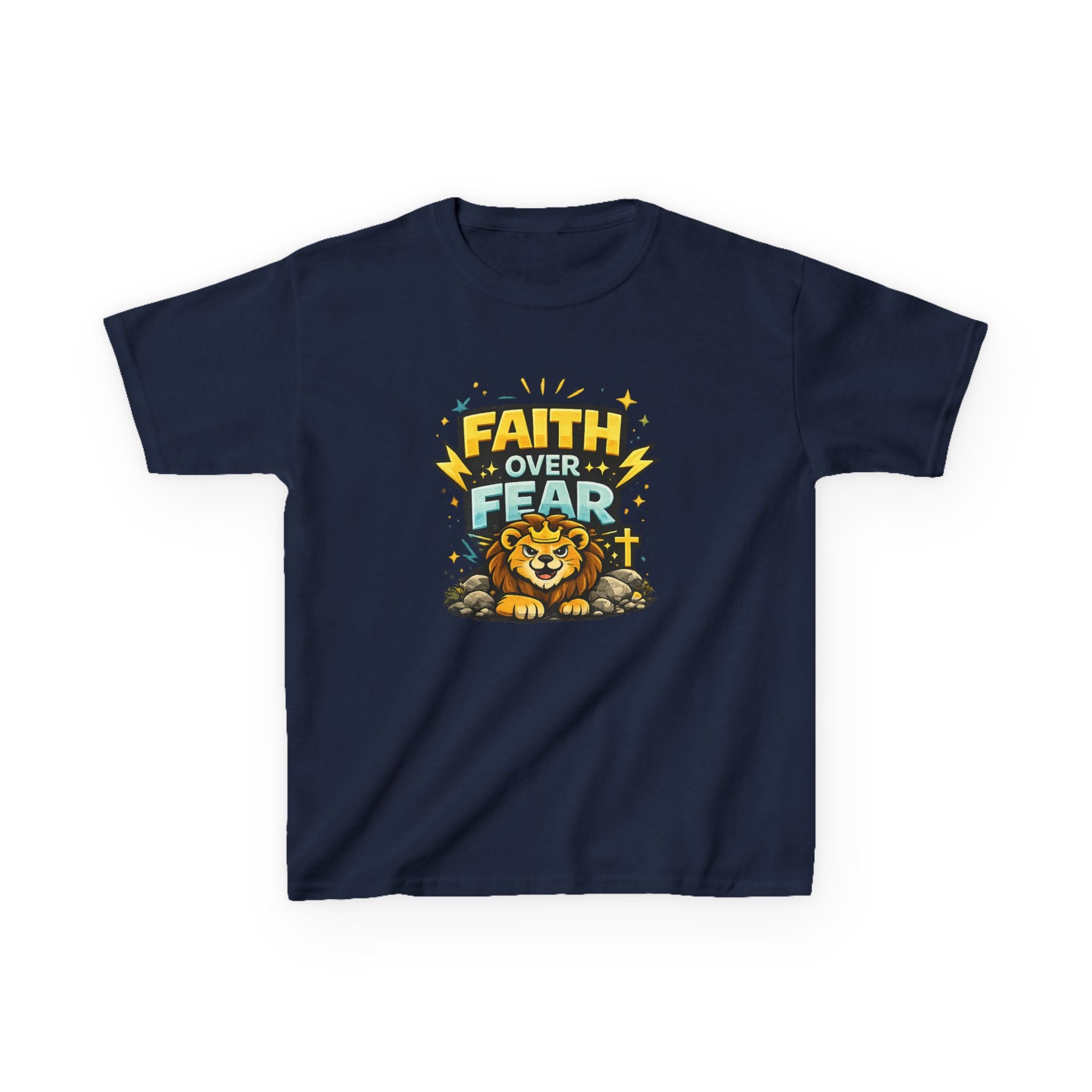 Kids Tee — "Faith Over Fear" Lion Graphic Christian Shirt