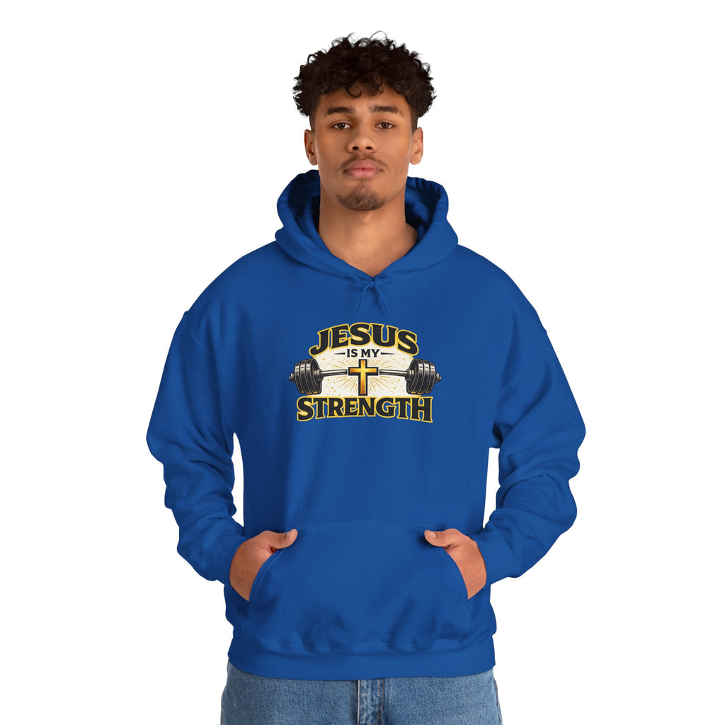 Mens Jesus Is My Strength Hoodie — Christian Faith Cross & Barbell Pullover
